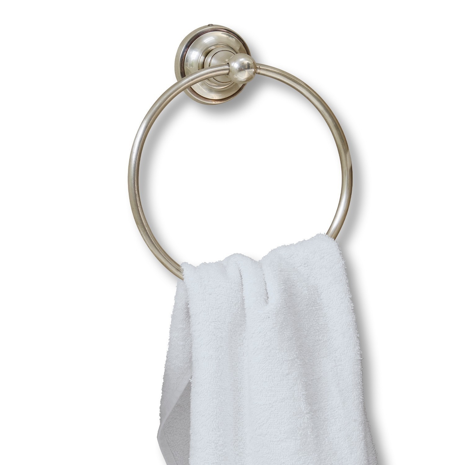 Handdoekhouder Cullen Ronde zilverkleurige metalen handdoekhouder met witte handdoek voor badkamer