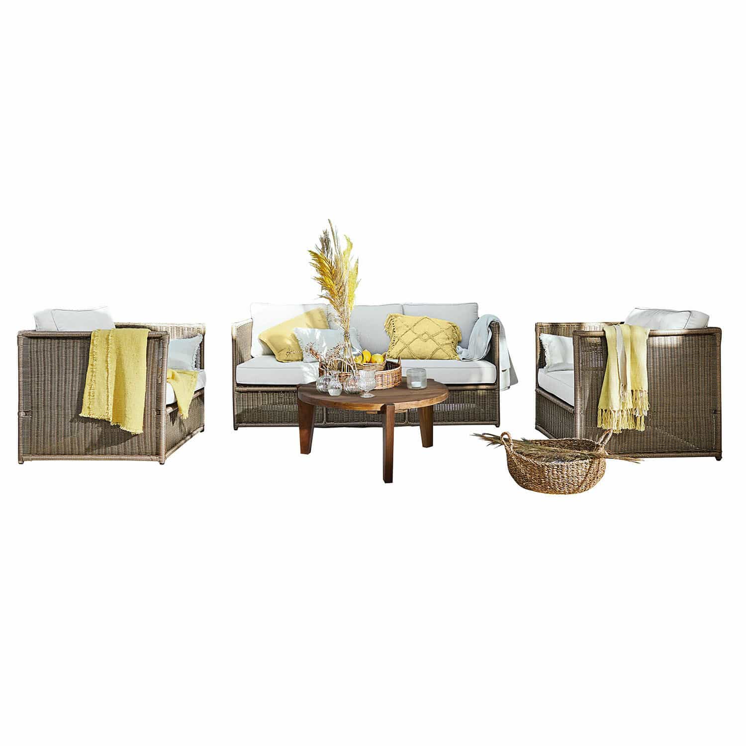 Tuinset Lesmont Rotan tuinmeubelset met lichte kussens en gele accenten, houten salontafel