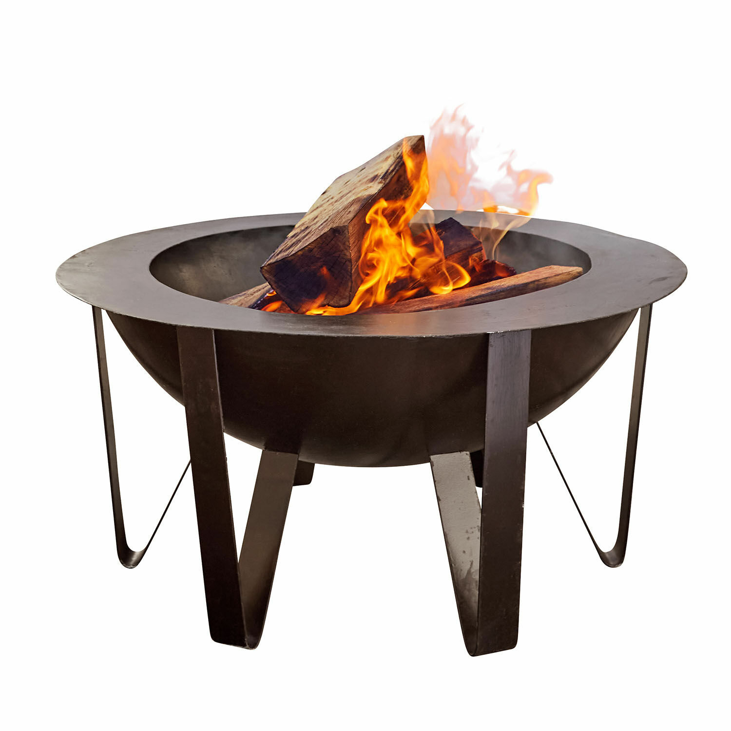 Vuurschaal Lovis Zwarte metalen vuurkorf met hout en vlammen voor tuin en terrasverwarming