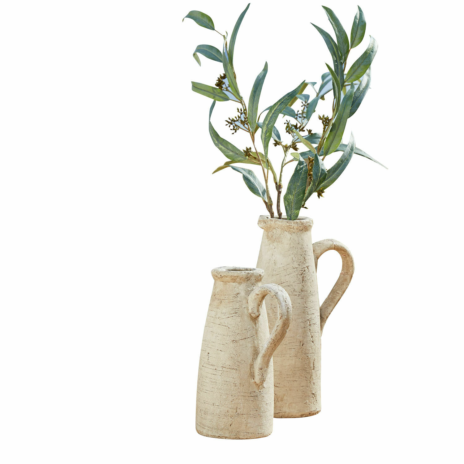 Sierkan set van 2 Lilette Set van twee beige keramische vazen met handvatten, decoratieve groene plant
