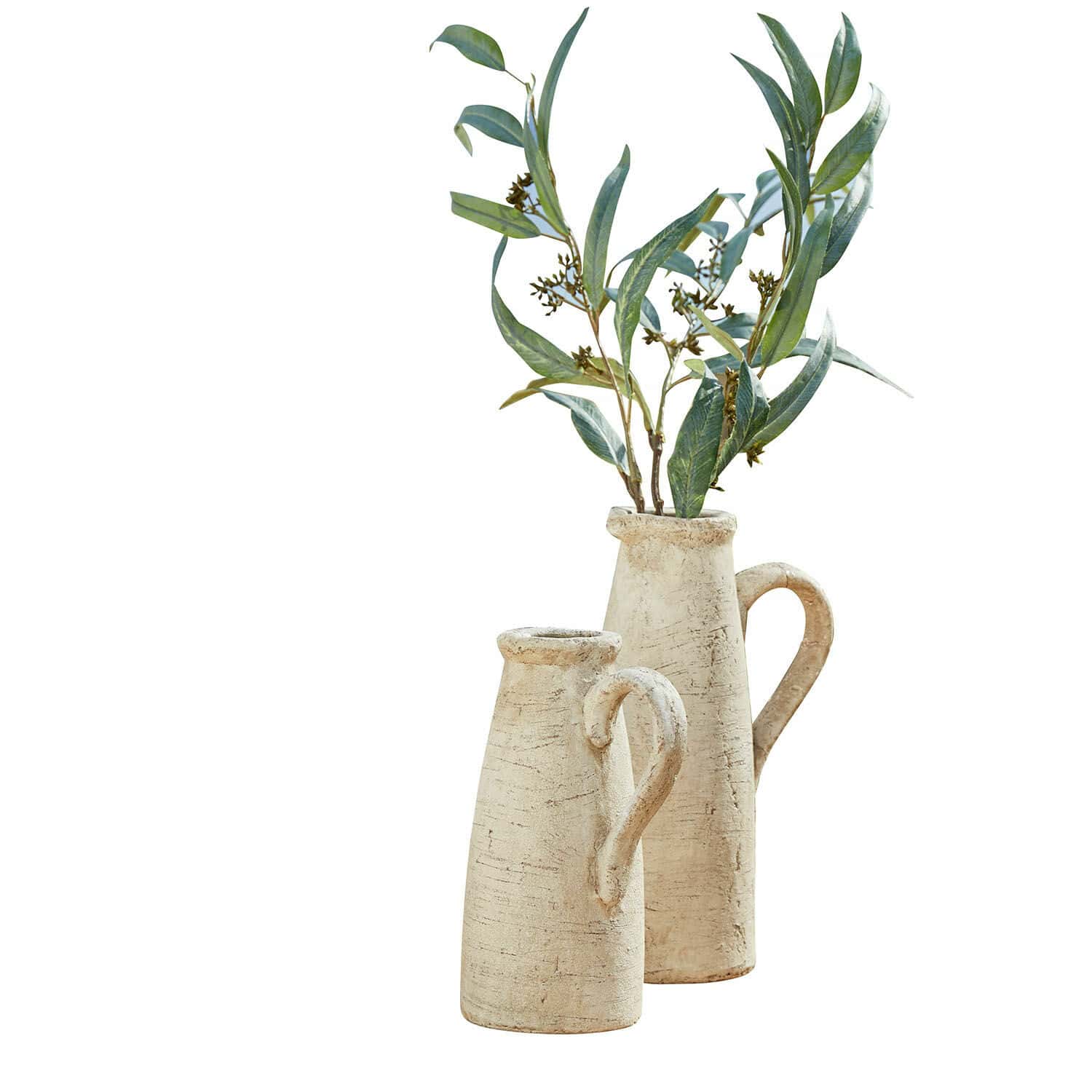 Sierkan set van 2 Lilette Set van twee beige keramische vazen met handvatten, decoratieve groene plant