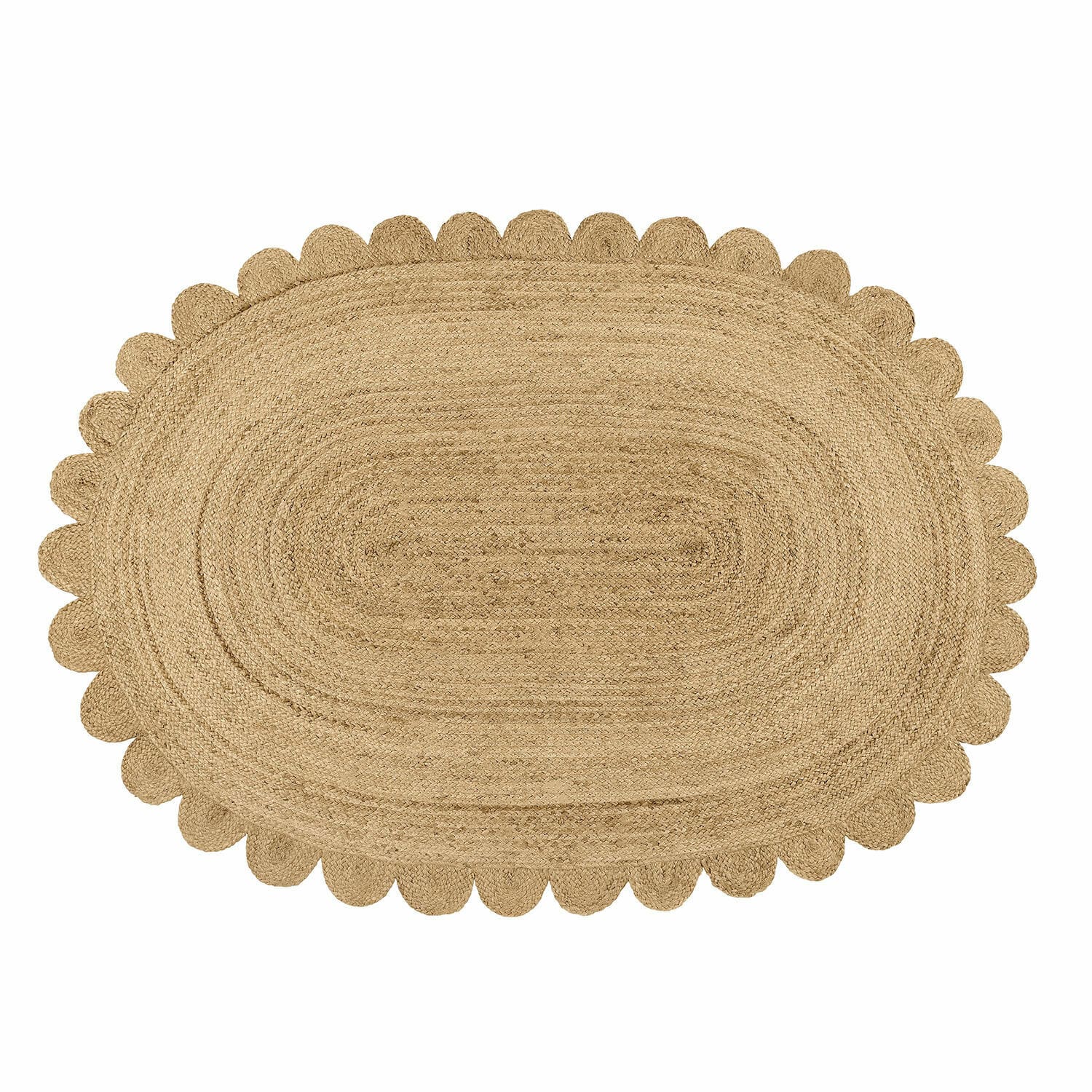 Vloerkleed Ferce Ovale jute vloerkleed in natuurlijke kleur met decoratieve golvende rand, interieurdecoratie