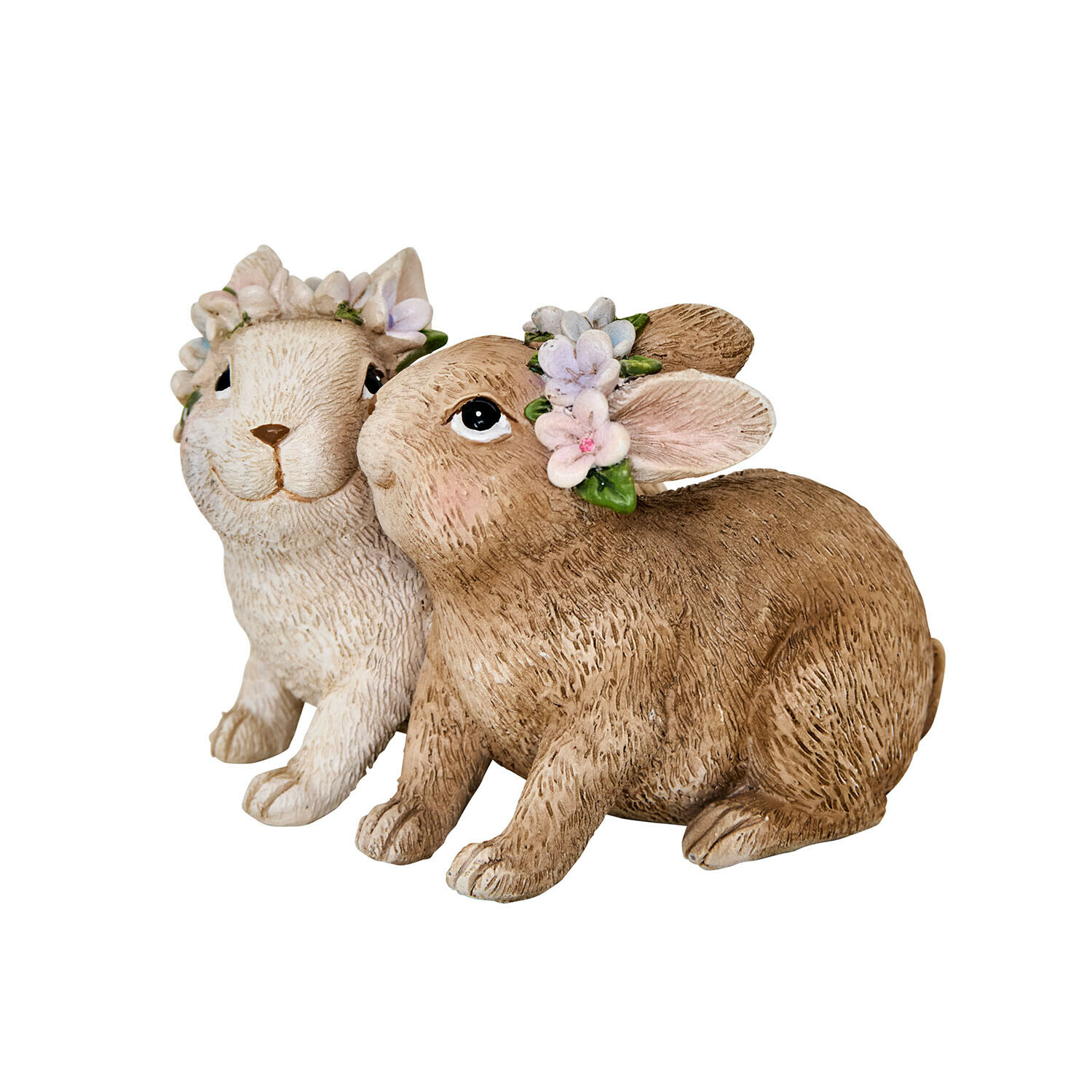 Konijntjes Willowmare Twee decoratieve konijnenfiguren van houtachtig materiaal met bloemenkransen
