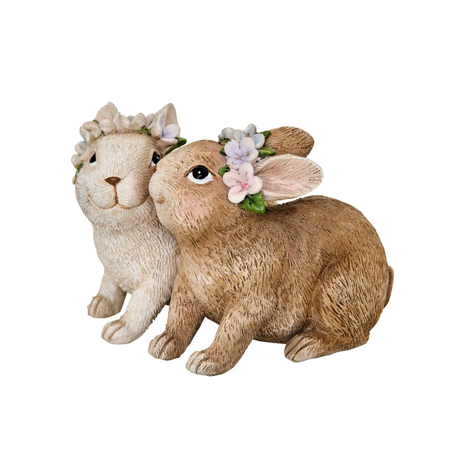 Konijntjes Willowmare Twee decoratieve konijnenfiguren van houtachtig materiaal met bloemenkransen