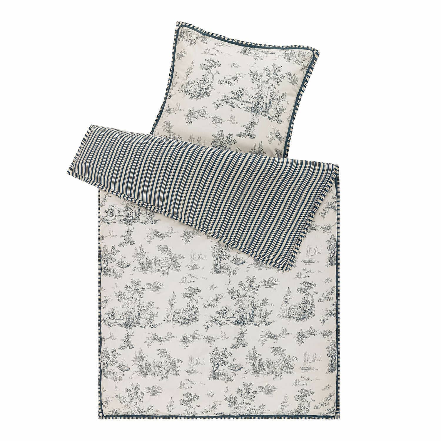 Beddengoed Felencio Katoenen beddengoedset met blauw-wit landschapspatroon en strepen, decoratieve slaapkamer set