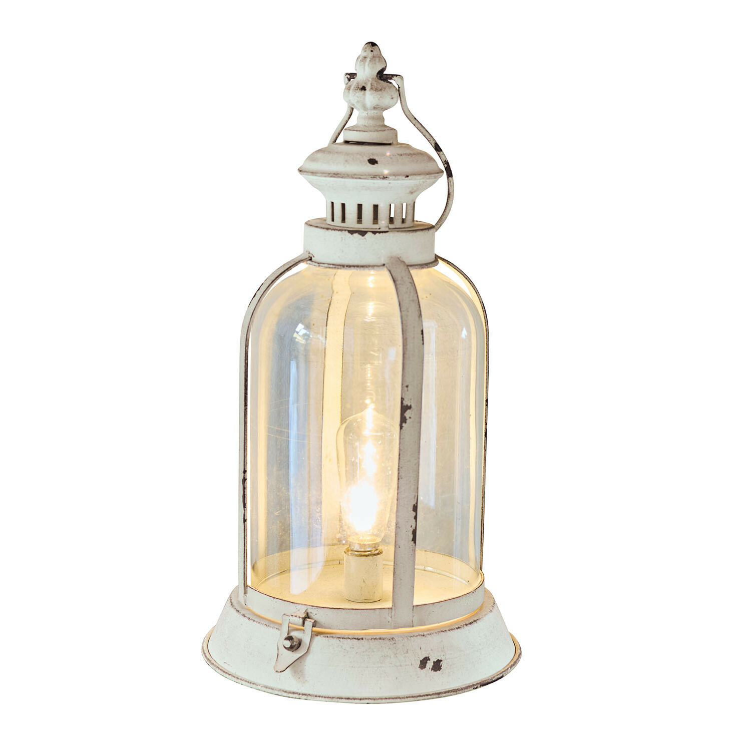 Witte metalen lantaarn met helder glas en gloeilamp, decoratieve retro lamp voor binnen