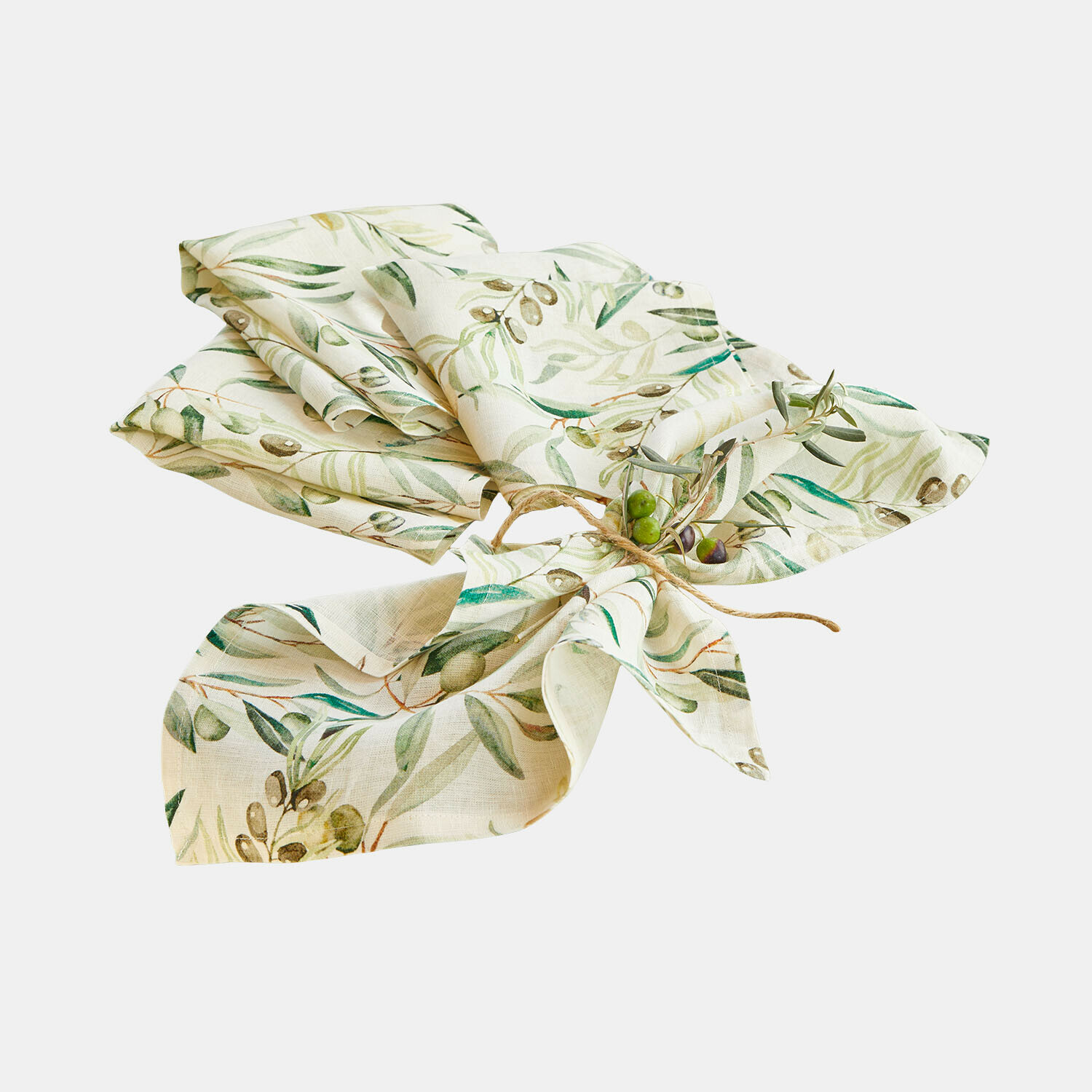 Servet set van 4 Nolaria Linnen servet in crème met groen olijfpatroon, decoratief voor op tafel