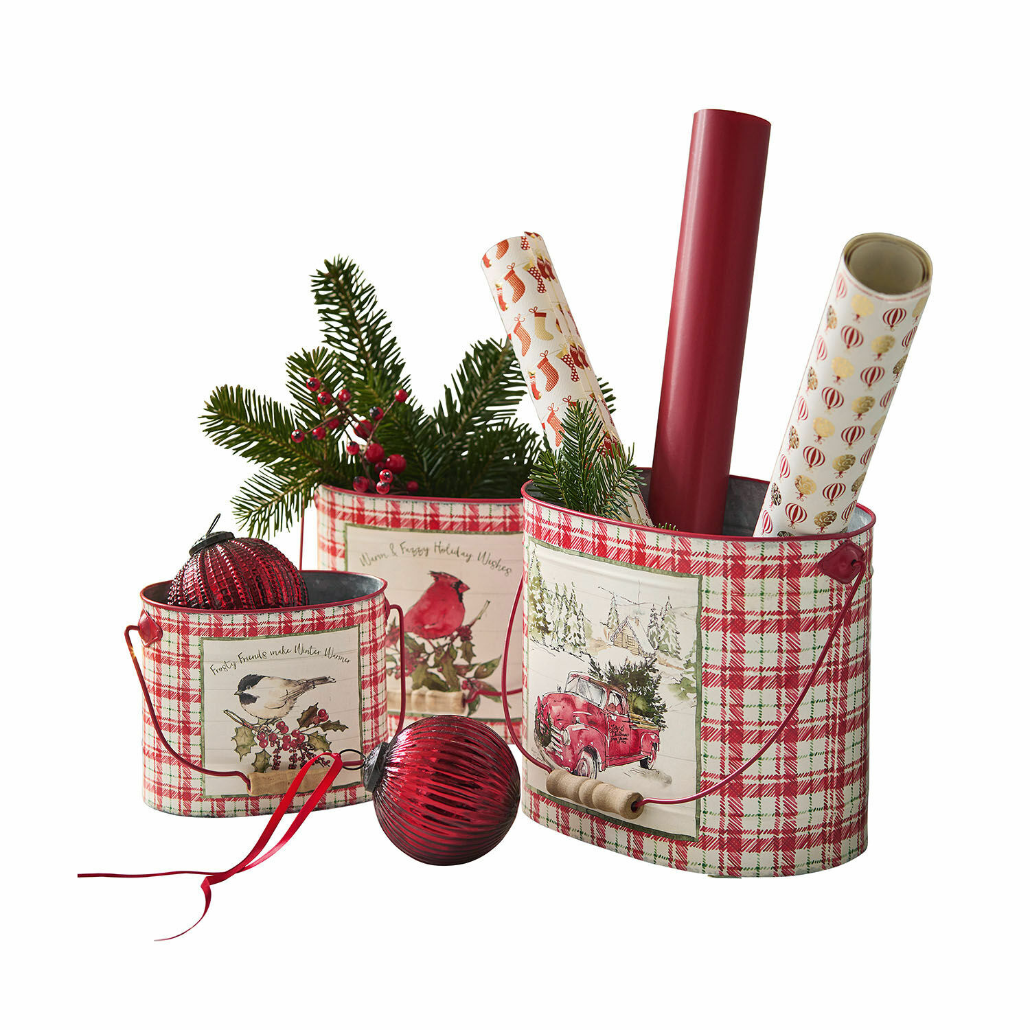 Sieremmer set van 3 Fuzzy Set van drie metalen bakken met rood-wit geruit patroon en kerstmotieven met feestelijke decoraties