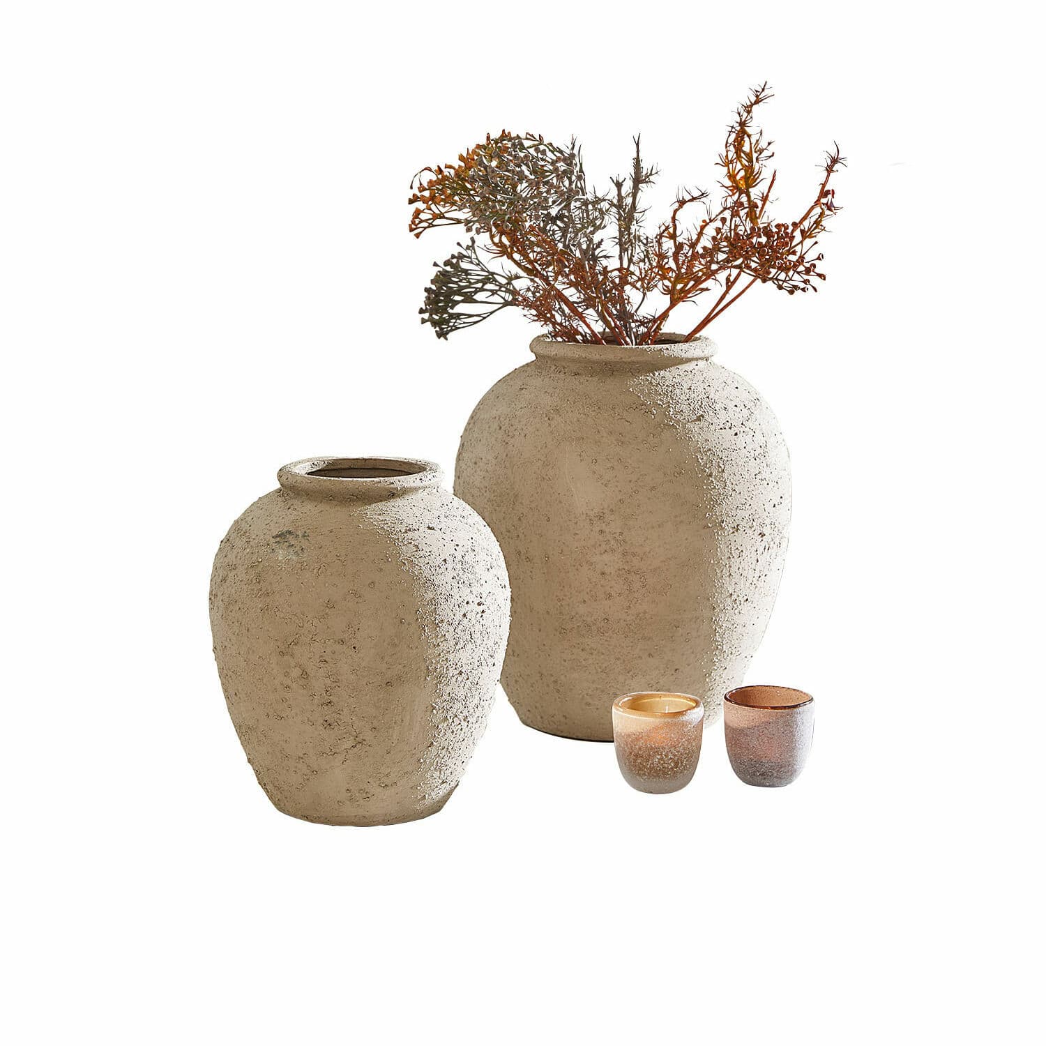 Vaas set van 2 Zaviro Set van twee beige keramische vazen met structuur en twee kleine decoratieve theelichthouders