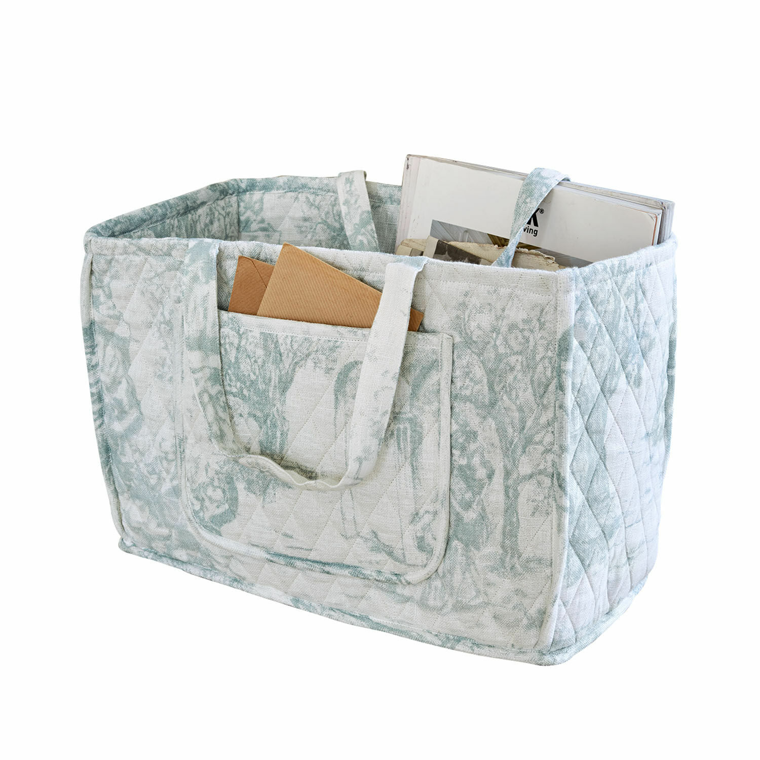 Gewatteerde stoffen organizer in lichte tint met handvatten en zak voor brieven en boeken