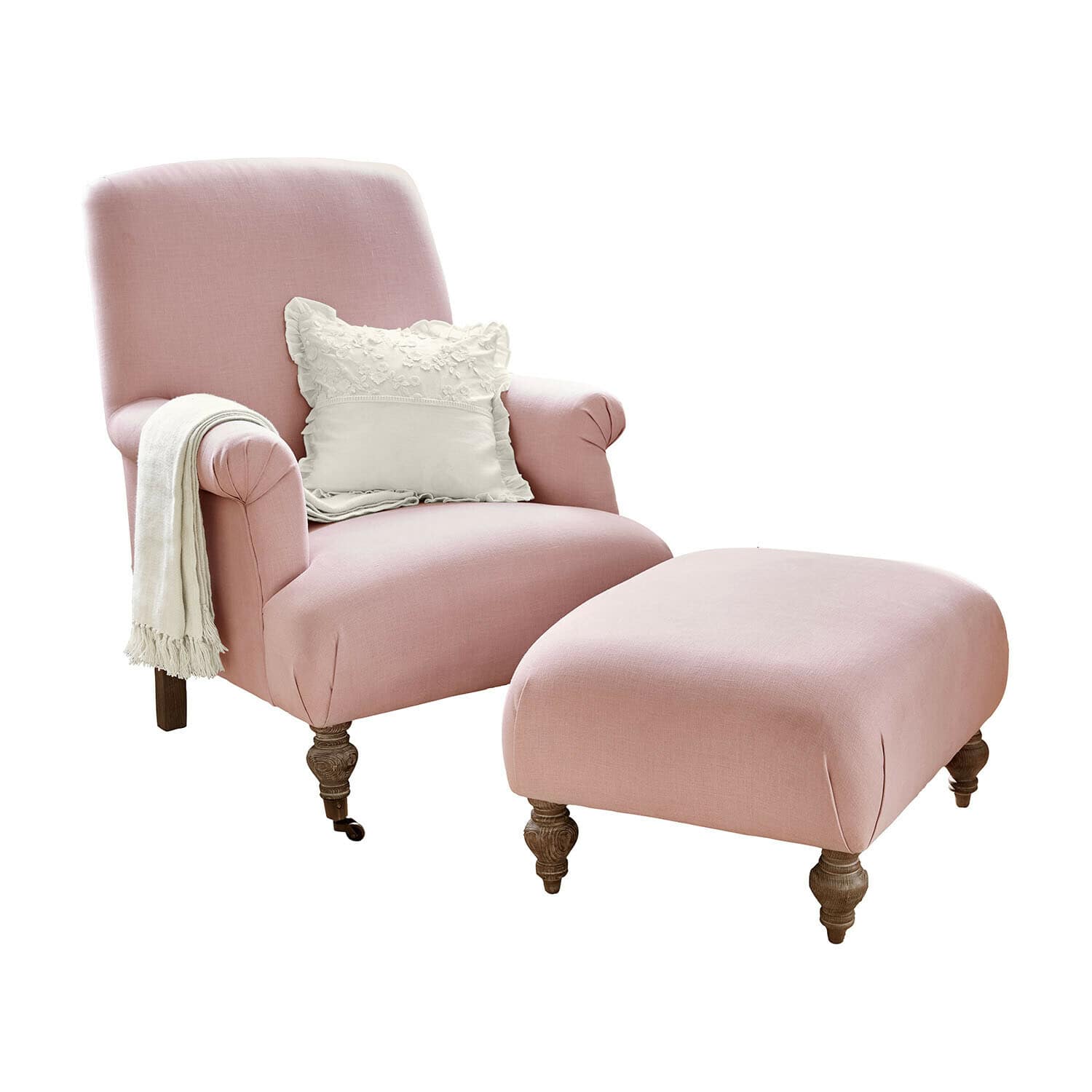 Fauteuil met hocker Rose de Lumière Roze stoffen fauteuil met voetenbank en wit sierkussen op houten poten