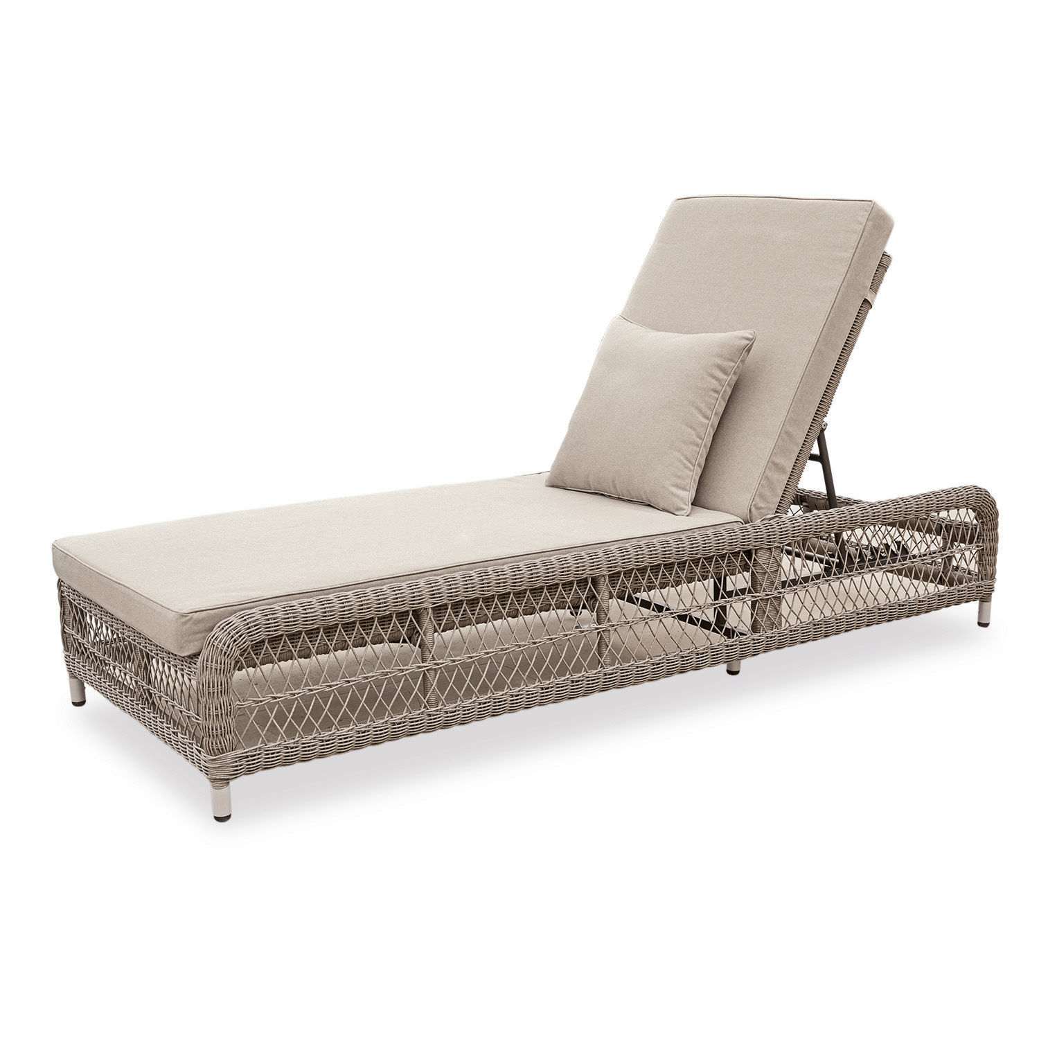 Ligstoel Hereford Tuinligstoel met beige kussen en gevlochten rotan frame, comfortabel buitenmeubilair