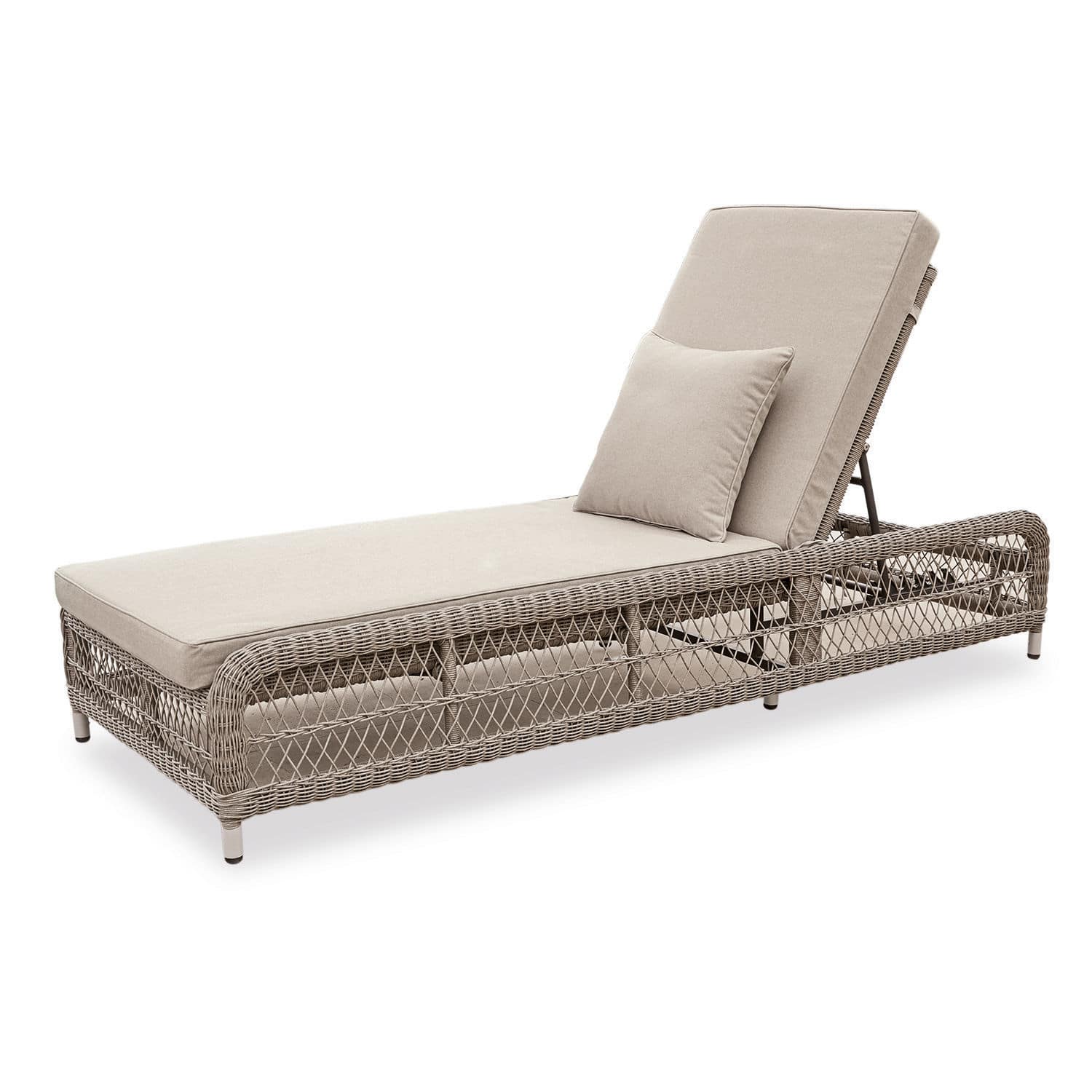 Ligstoel Hereford Tuinligstoel met beige kussen en gevlochten rotan frame, comfortabel buitenmeubilair