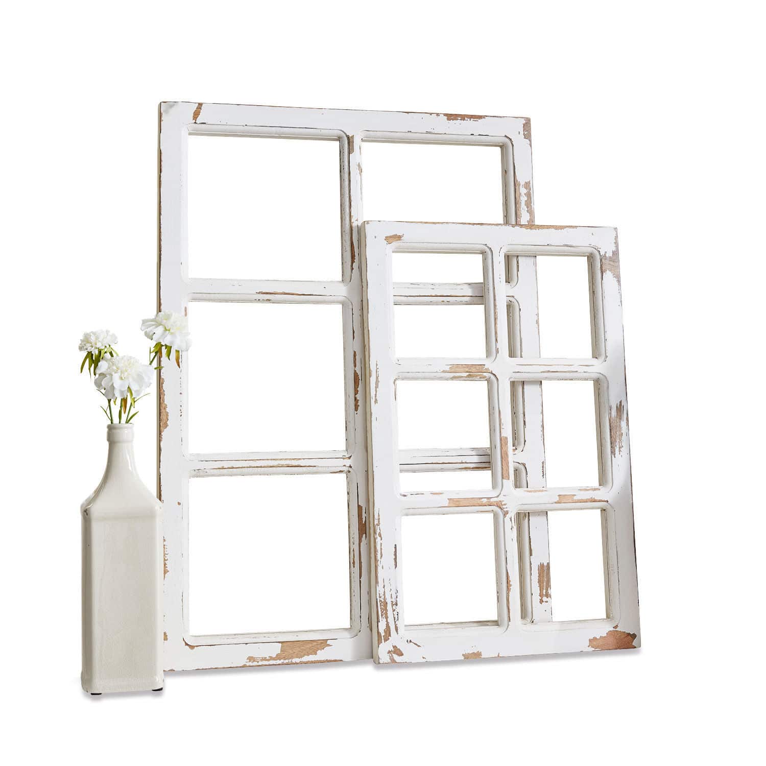 Siervenster set van 2 Mael Coluim Witte houten verouderde raamkozijnen met vaas en witte bloemen voor rustieke interieurdecoratie