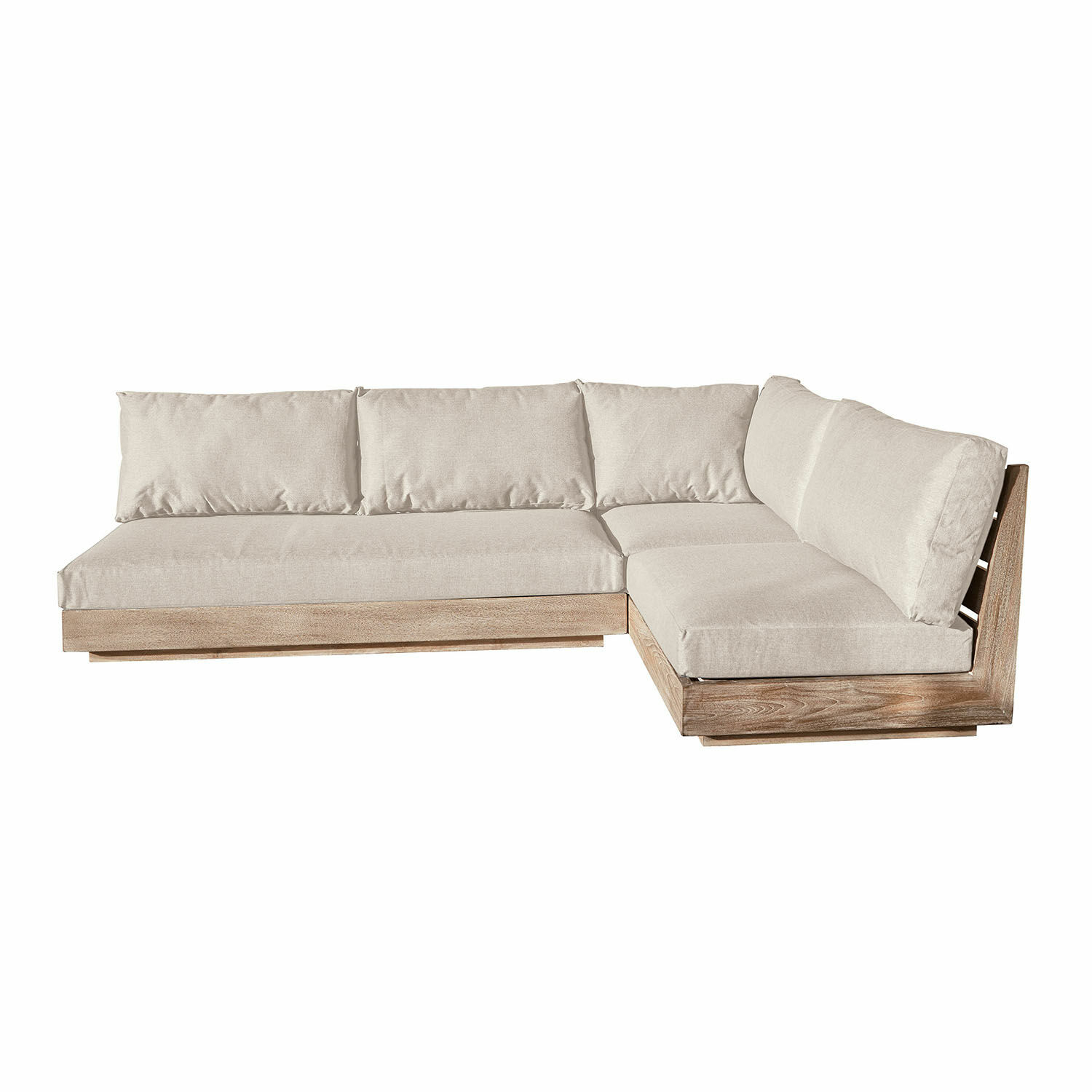 Hoekbank crème met bruine houten frame, comfortabele zithoek voor woonkamer