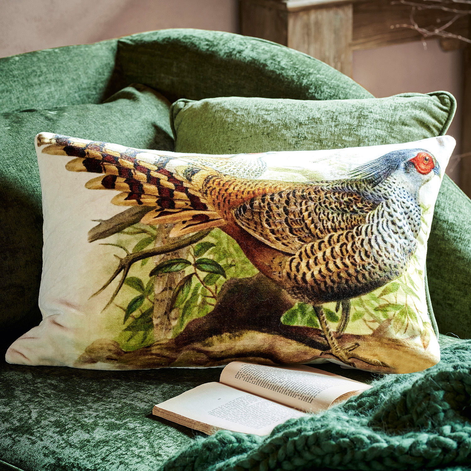 Kussenhoes Limia Rechthoekig sierkussen met fazantenprint, zachte groene stof, gezellige woonaccessoire