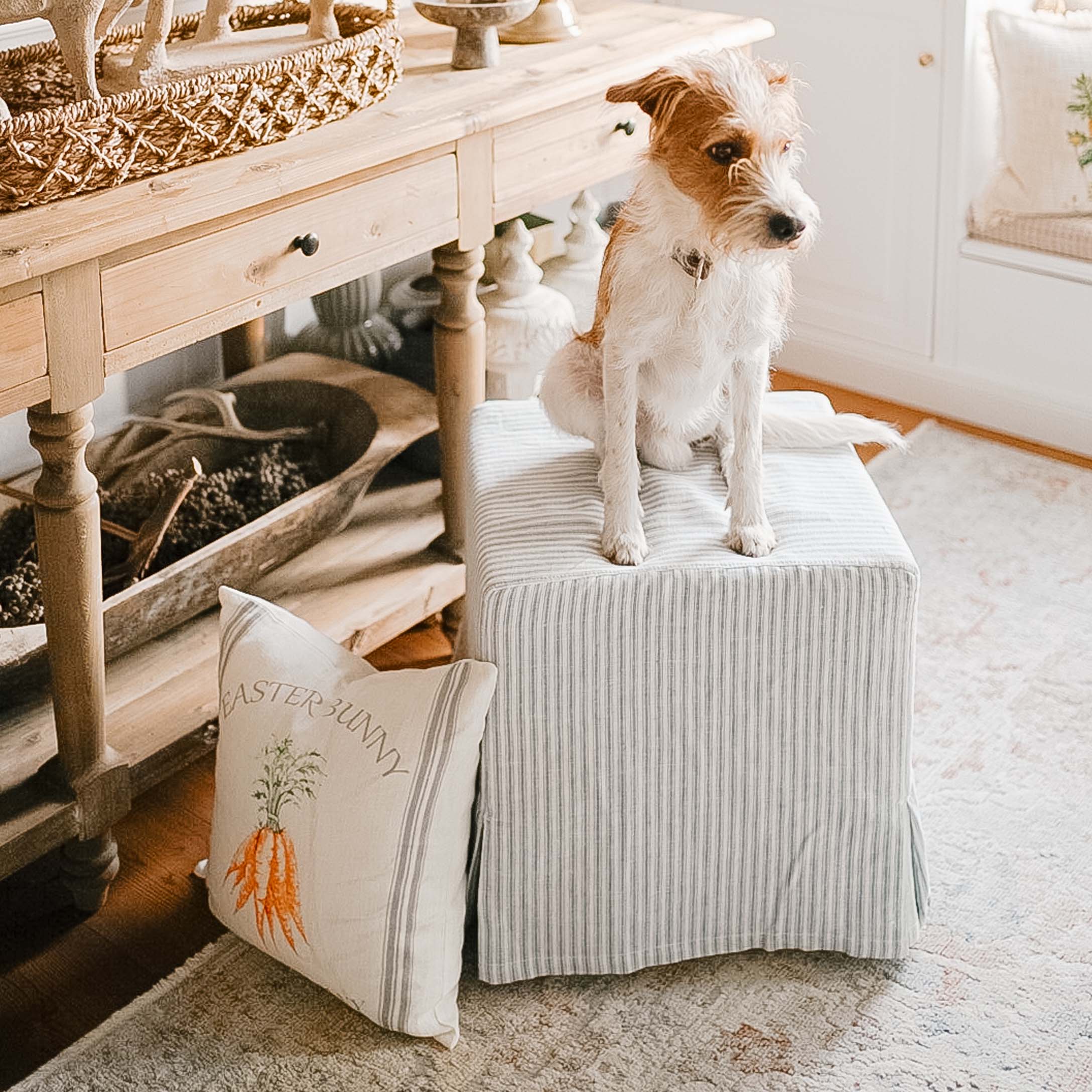 Gestreepte stoffen poef in wit en grijs met hond en decoratief kussen met wortelmotief