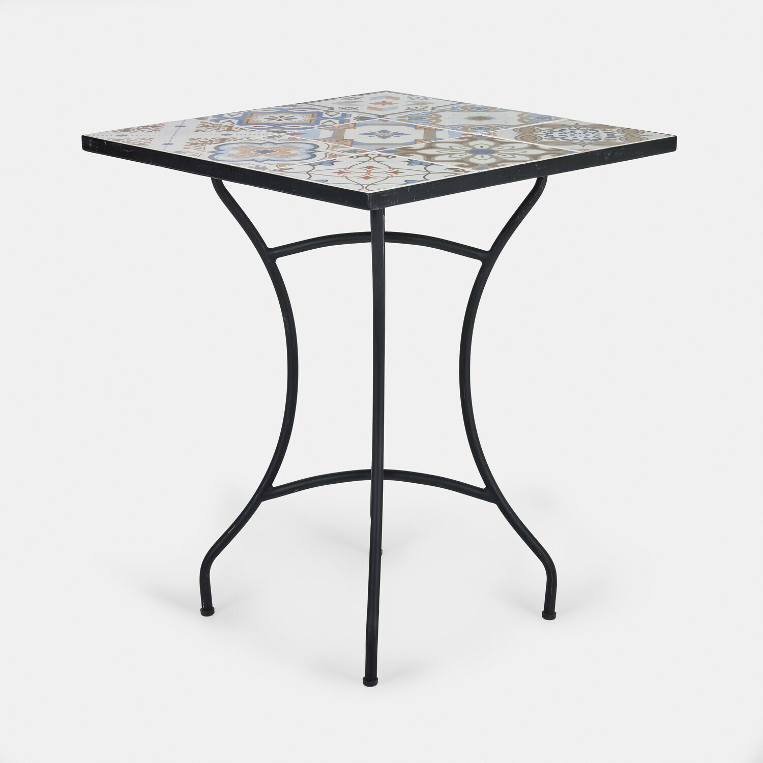 Tafel Céligny Vierkante tafel met zwart metalen onderstel en kleurrijk keramisch blad met patroon