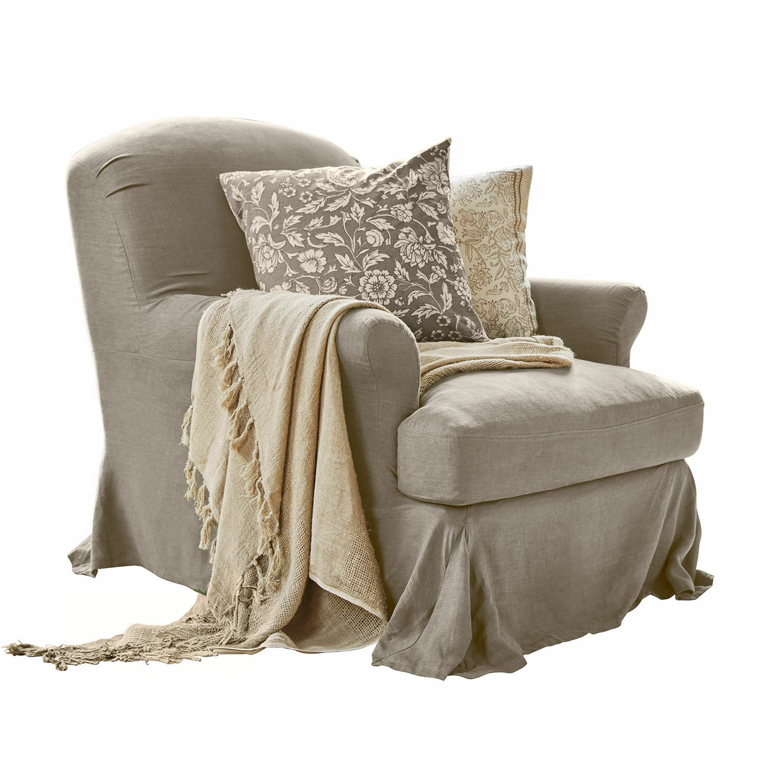 Leunstoel Vionnique Beige linnen fauteuil met twee decoratieve kussens en zachte deken voor woonkamer