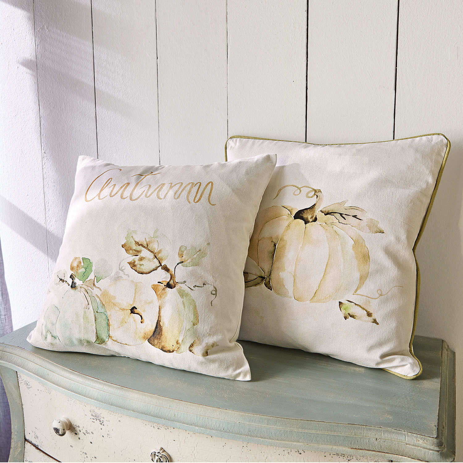 Kussenhoes set van 2 Laubard Decoratieve katoenen kussens in crème met pompoenmotief en tekst autumn voor herfstdecoratie