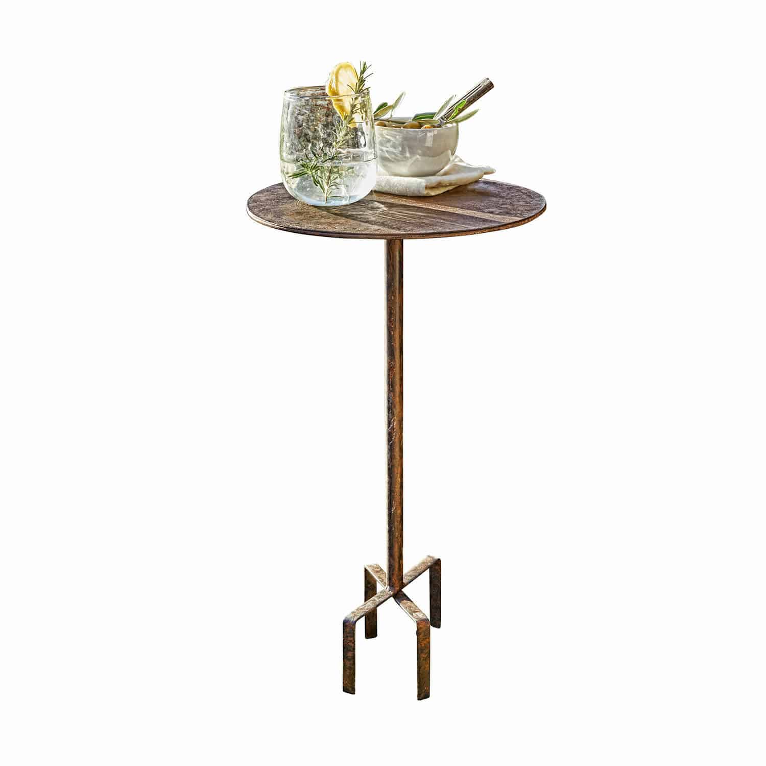Tafeltje Fermont Bijzettafel van roestkleurig metaal met rond blad, geschikt voor woonkamer of terras