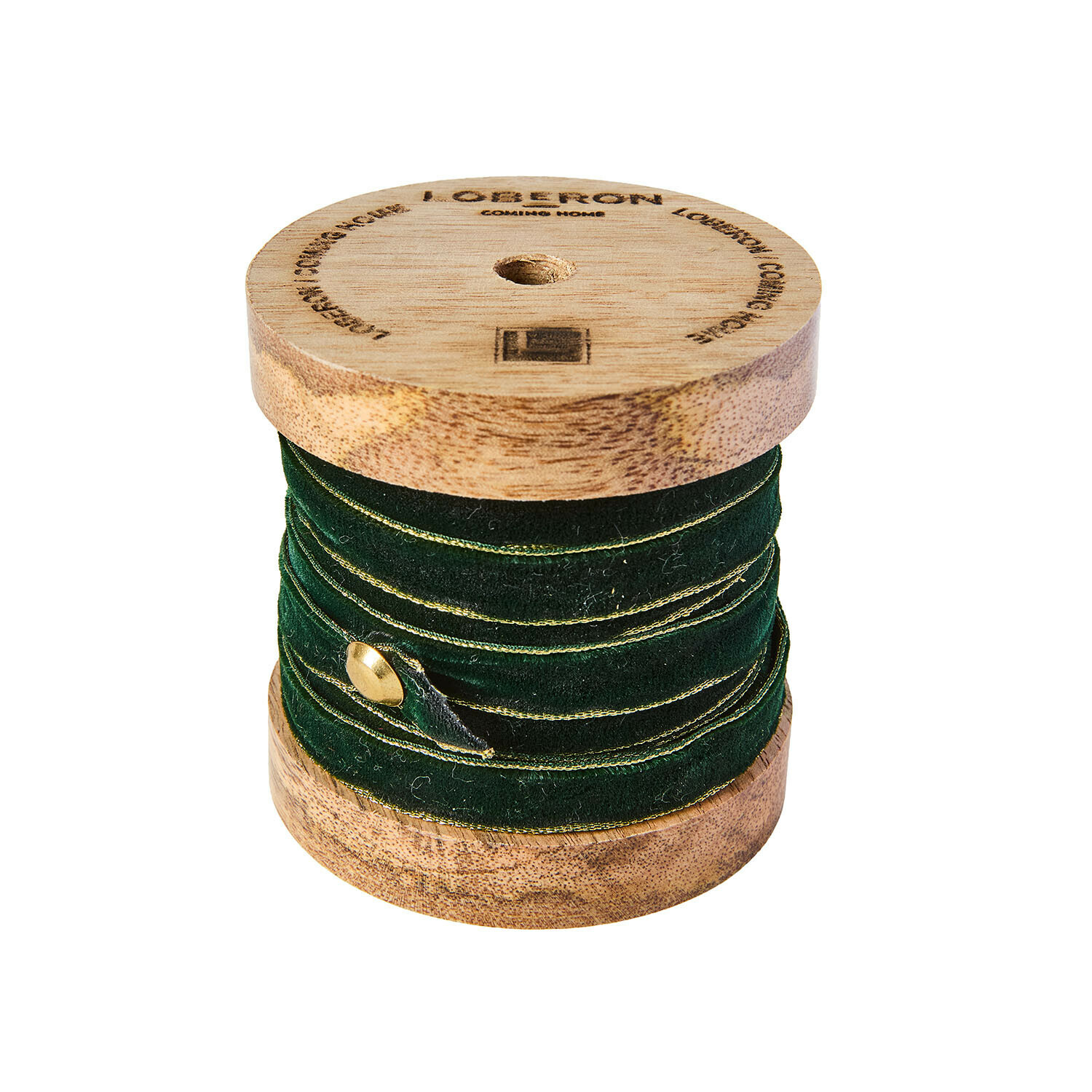 Donkergroene Sorima fluwelen band met gouden rand op houten klos voor decoratie en knutselen