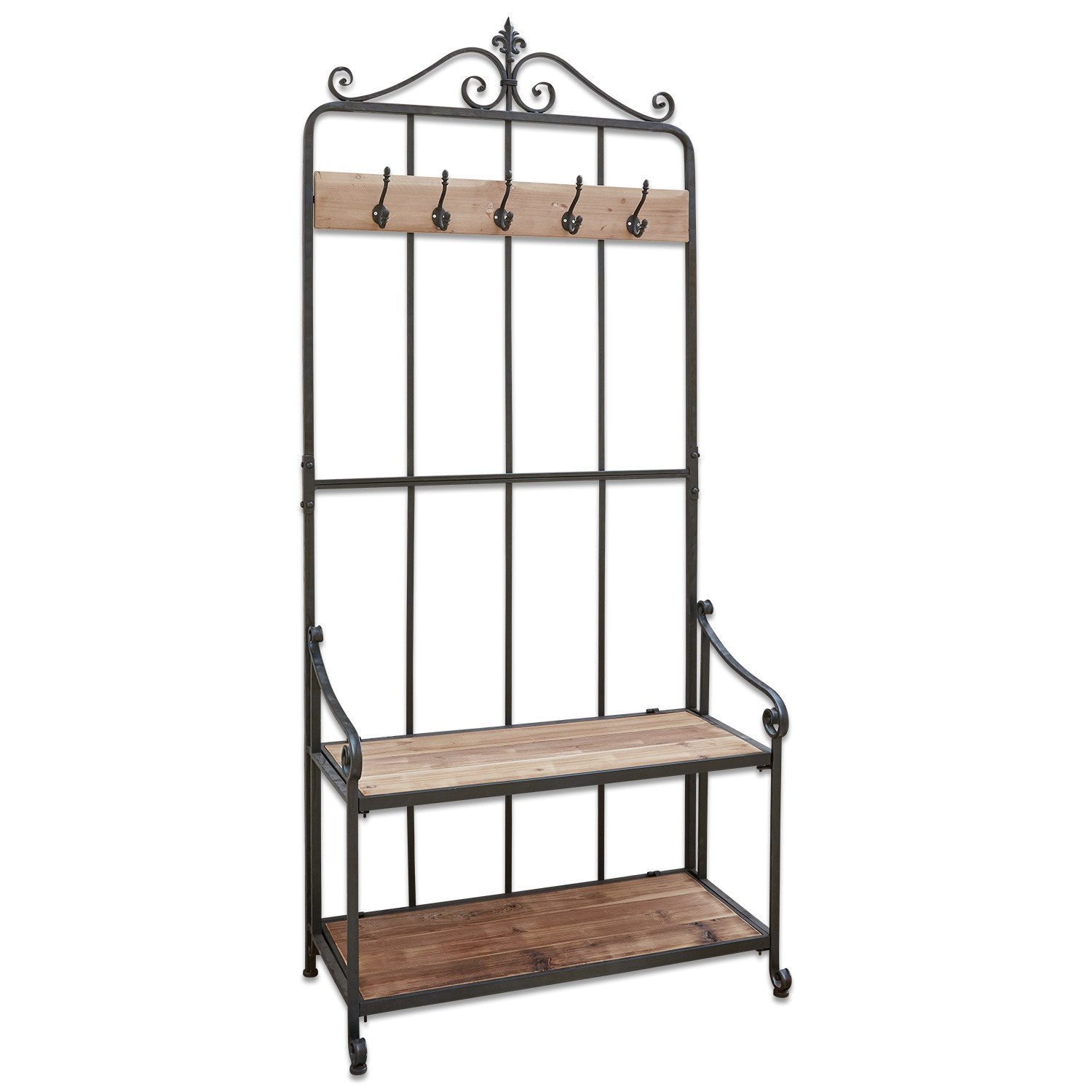 Zwarte metalen kapstok met houten plank en haken in natuurlijke kleur voor de hal