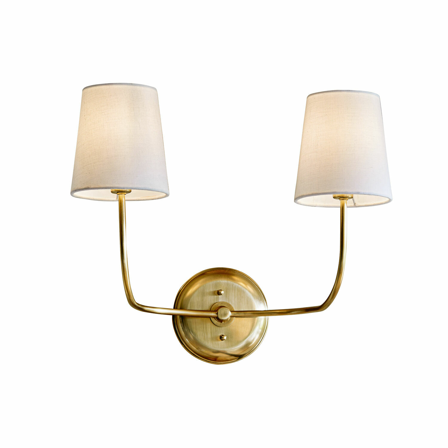 Wandlamp Plainfield Dubbele messing wandlamp met witte stoffen lampenkappen voor sfeervolle wandverlichting