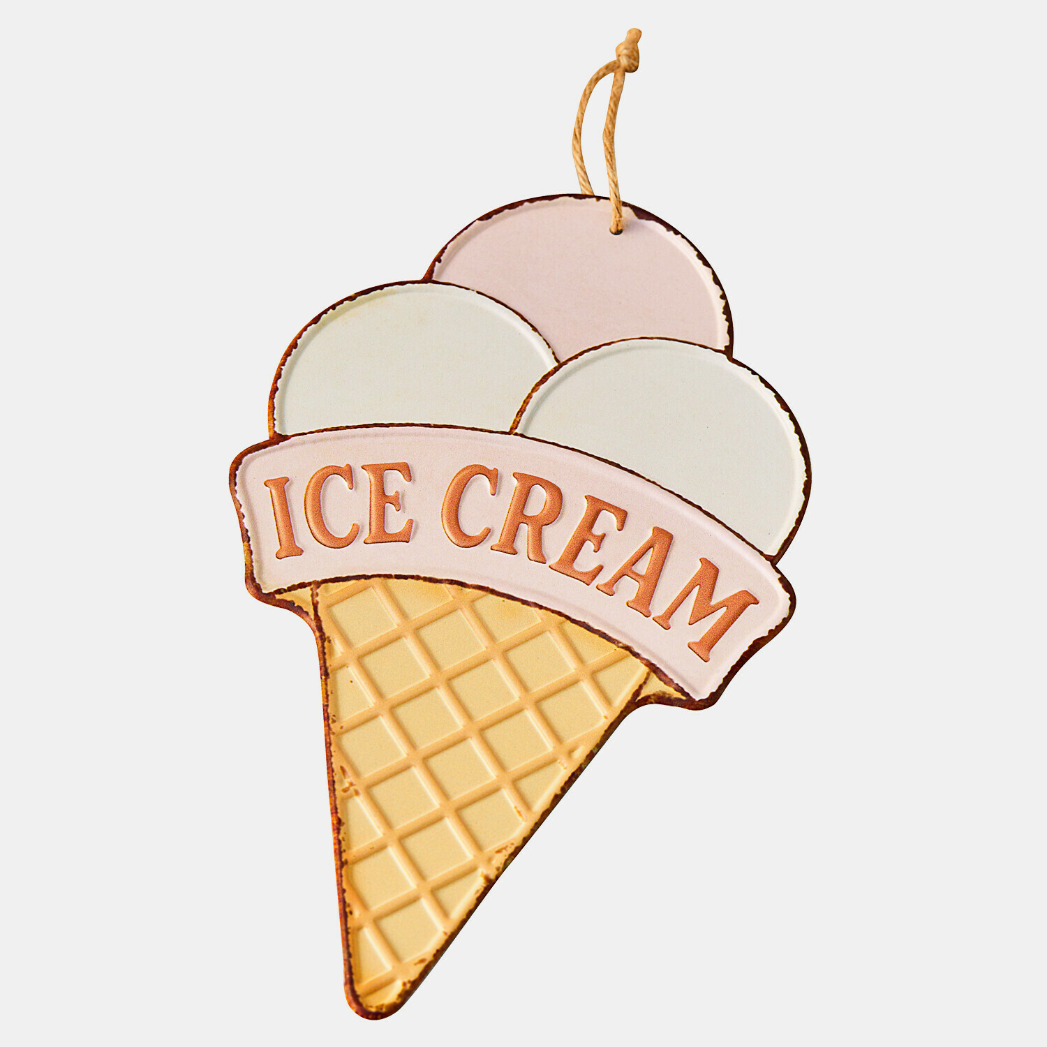 Metalen decoratie in de vorm van een ijsje in pastelkleuren met tekst ICE CREAM
