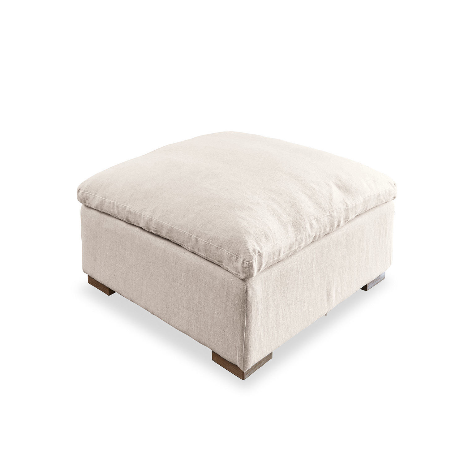 Vierkante poef van lichtbeige linnen met houten poten voor de woonkamer