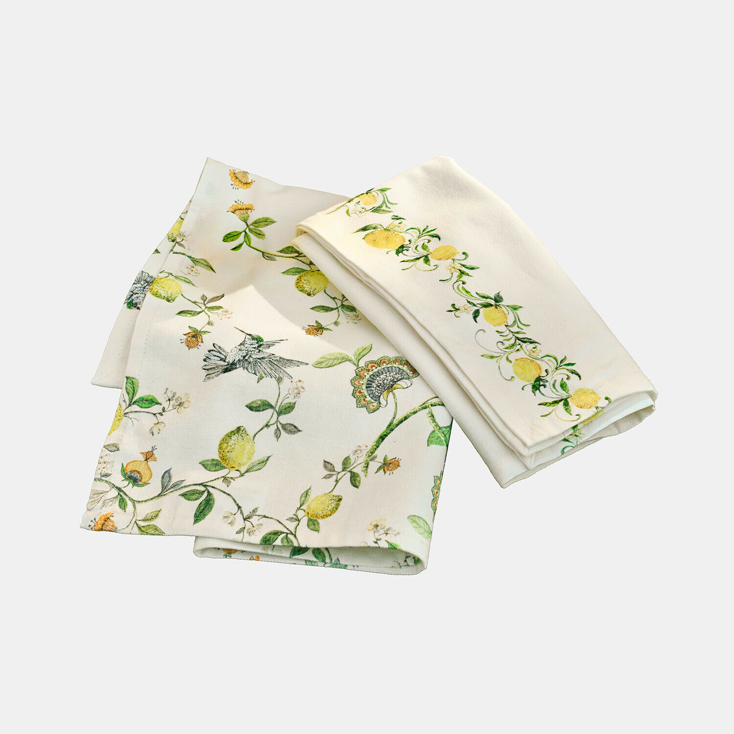 Set van twee katoenen theedoeken in crèmekleur met citroen- en vogelmotief voor in de keuken