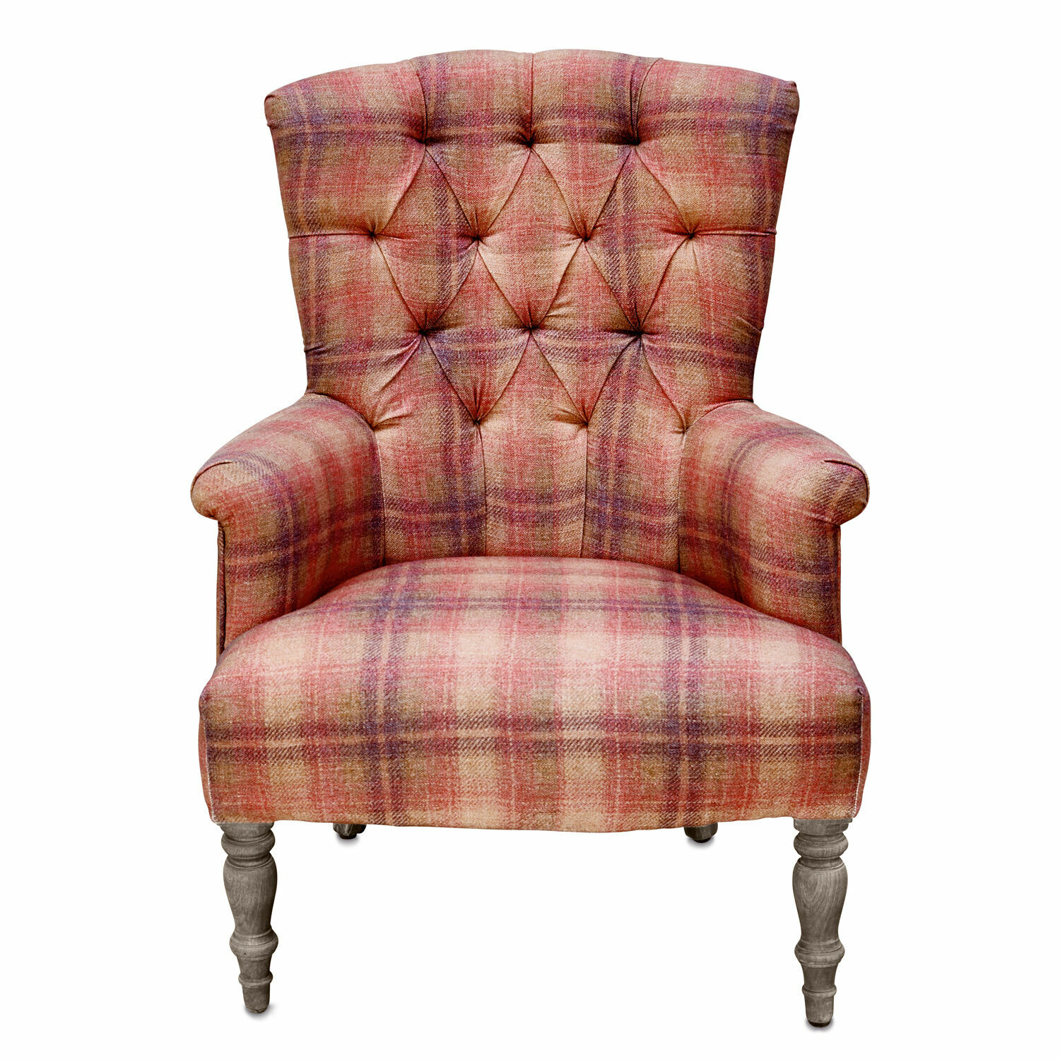 Kleurrijke Hinsdale fauteuil van geruite stof met houten poten, comfortabele woonkamerstoel