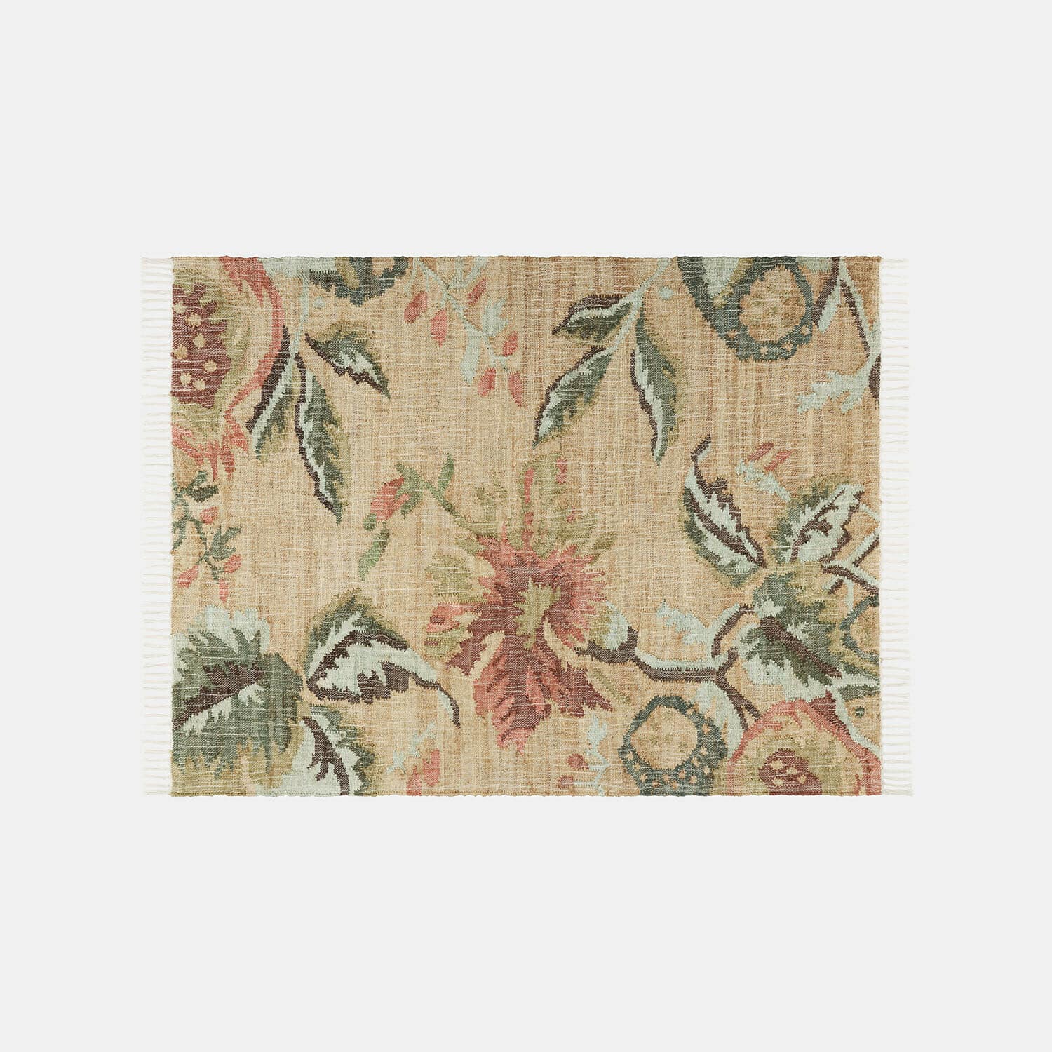 Vloerkleed van natuurlijk materiaal met bloemmotief in warme beige en groene tinten