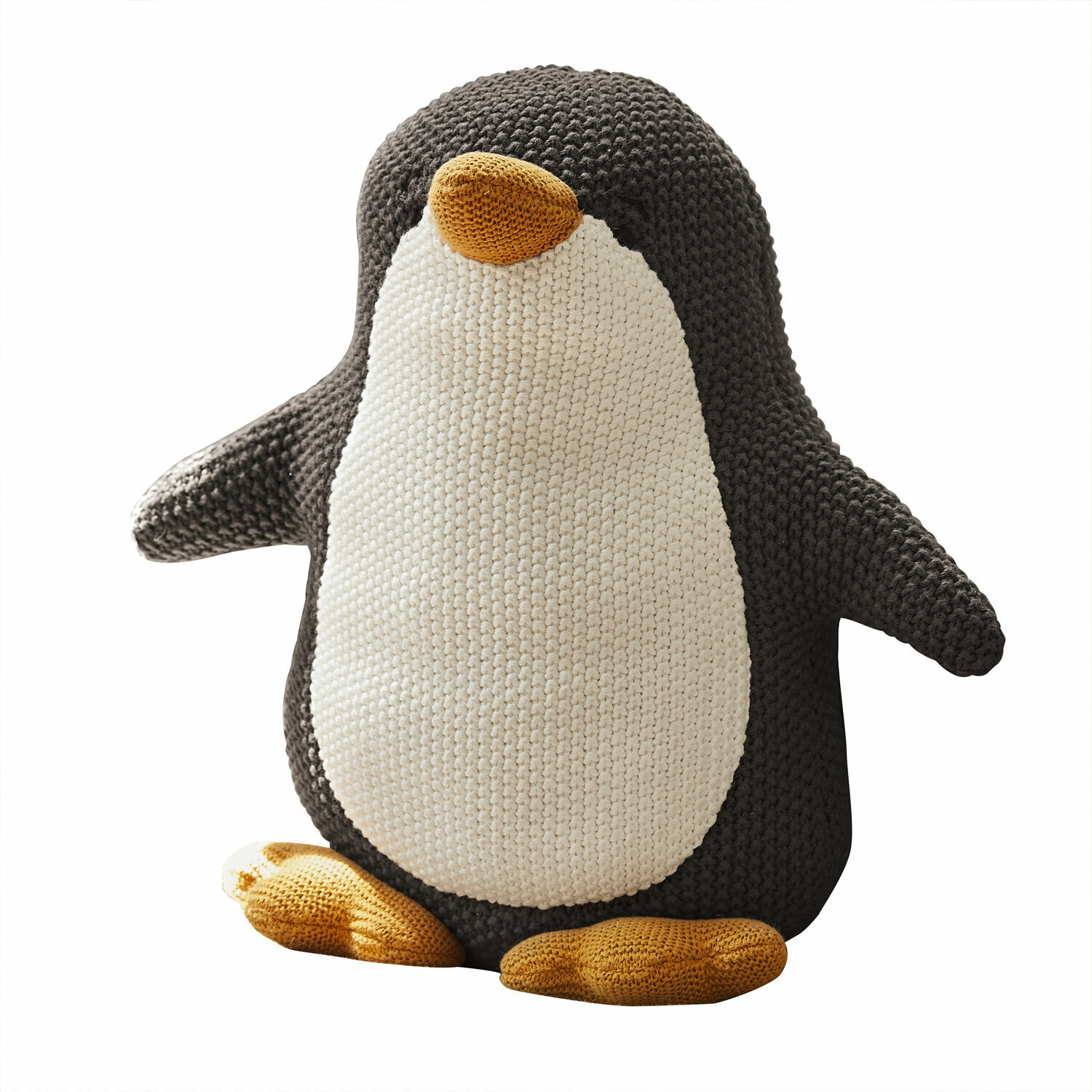 Zachte zwart-witte knuffelpinguïn met gele snavel en poten, kinderspeelgoed