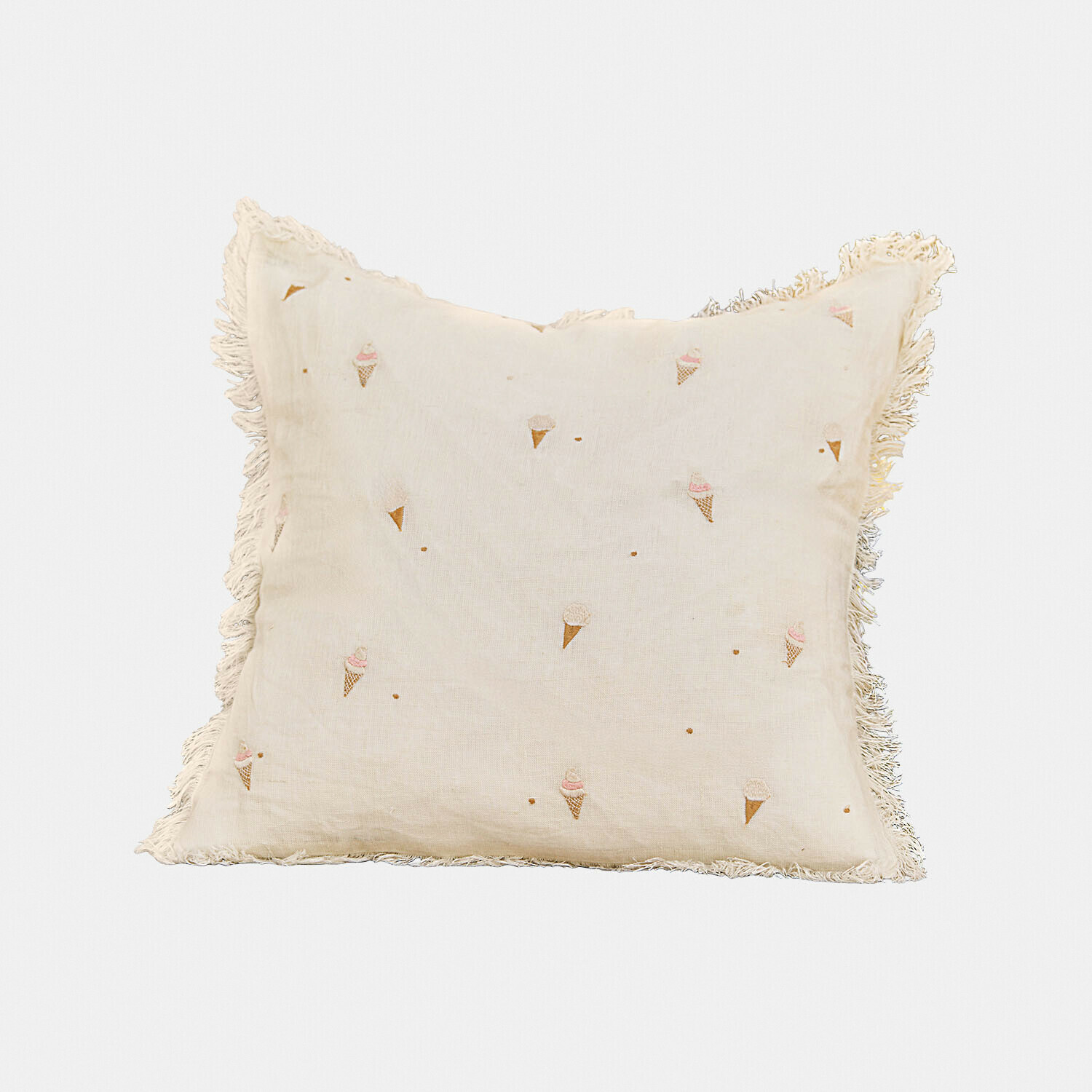 Beige linnen kussen met franjes en pastelkleurige ijsjes borduurwerk, sfeervolle woondecoratie