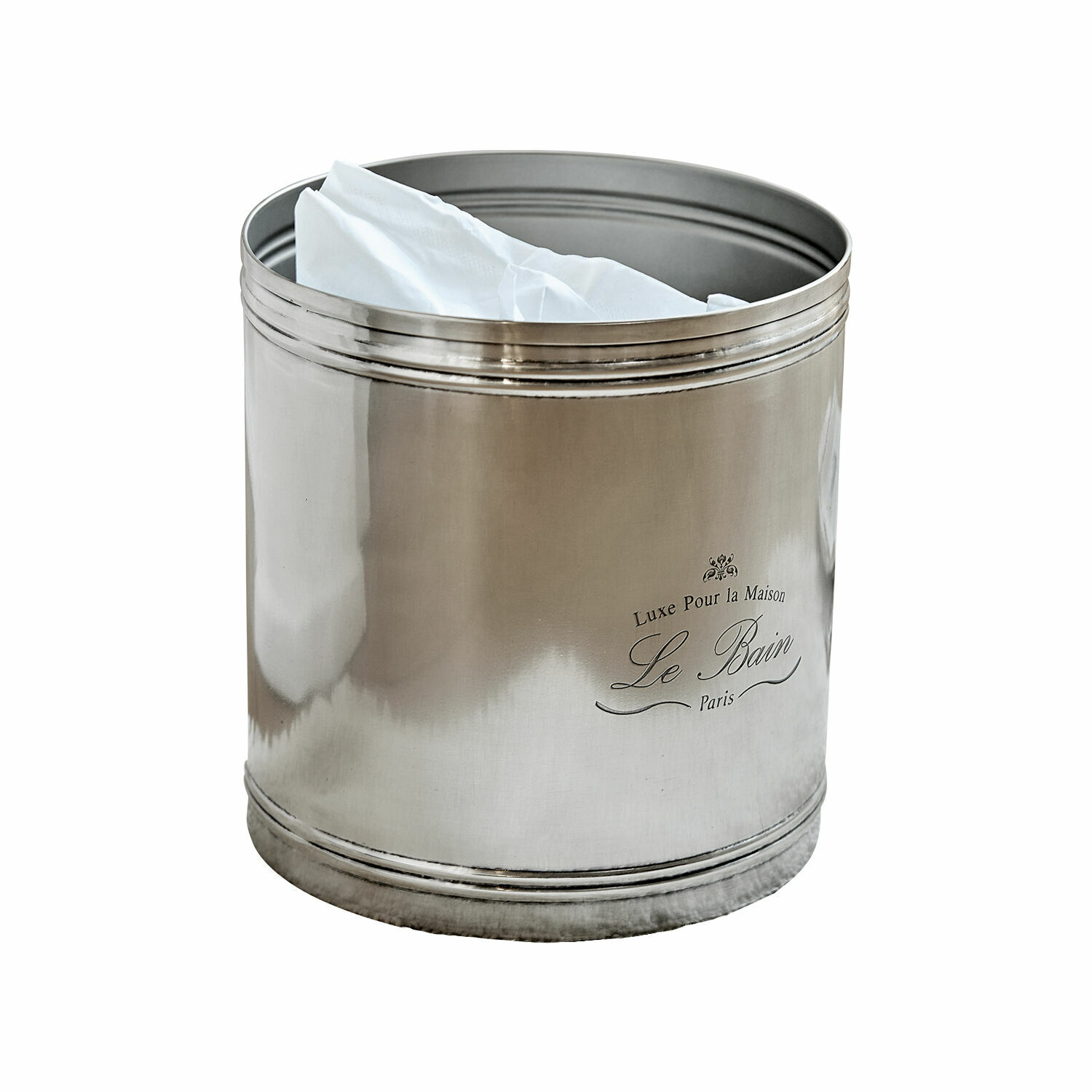 Zilverkleurige metalen doos voor zakdoekjes met Le Bain-opdruk voor stijlvolle badkamer