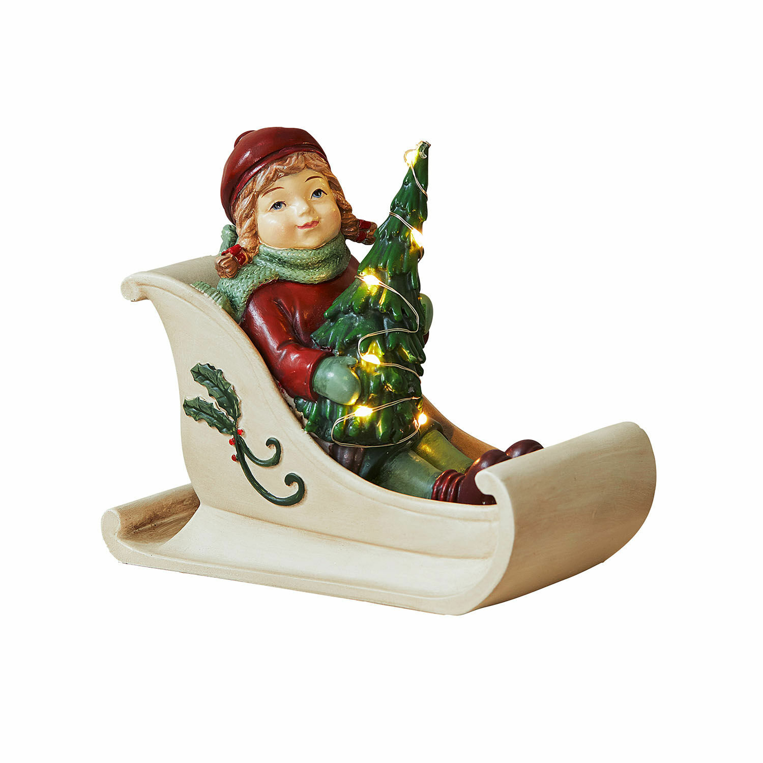 Ledfiguurtje Soriala Beeldje van kind in rode kleding op beige slee met groene kerstboom en LED-lichtjes