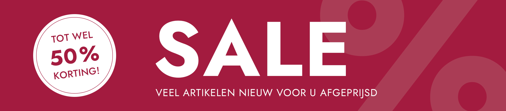 Rode achtergrond met SALE-tekst en korting tot 50% op veel artikelen