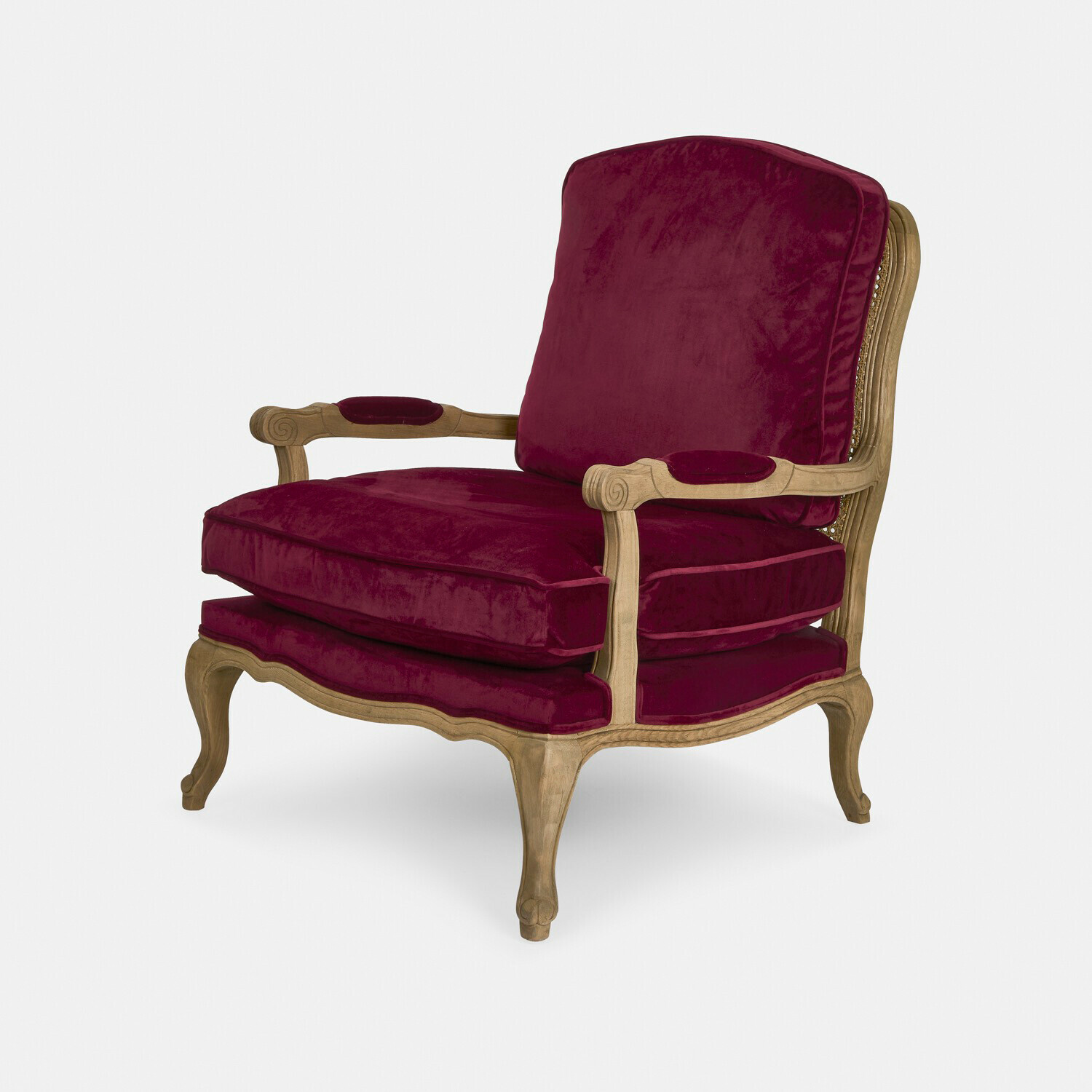 Fauteuil Corlay Klassieke stoel met houten frame en bordeauxrode fluwelen bekleding, stijlvolle woonkamerstoel
