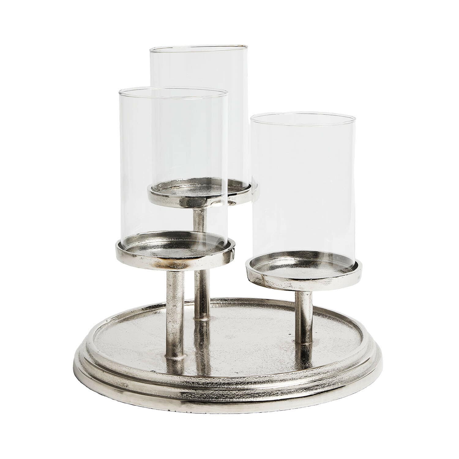 Metalen zilverkleurige kandelaar met drie doorzichtige glazen kappen voor stijlvolle interieurdecoratie