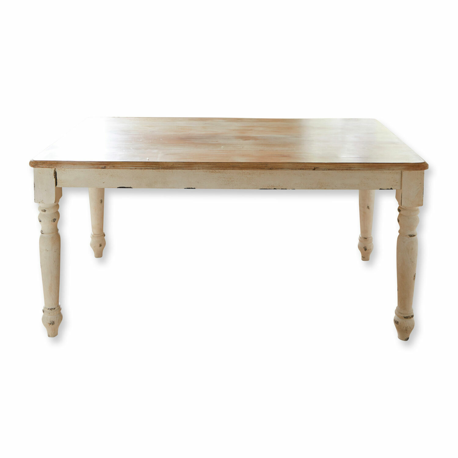 Houten tafel met licht blad en witte, vintage stijl poten voor eetkamer