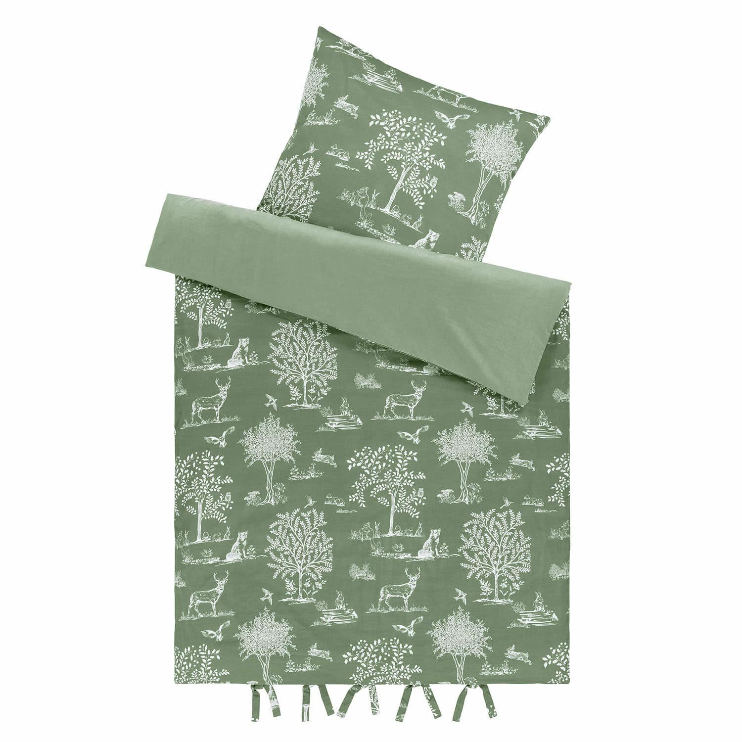 Beddengoed Tayora Groen katoenen beddengoed met witte print van bomen en bosdieren, decoratief en comfortabel