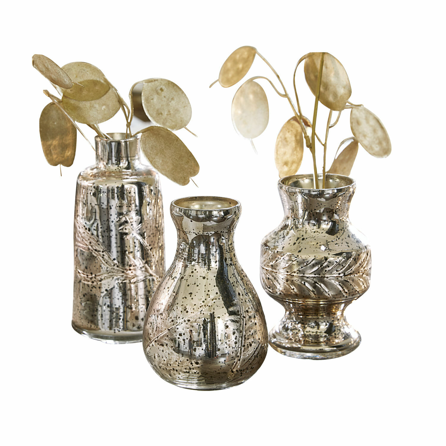 Vaas set van 3 Briolique Set van drie decoratieve zilverkleurige glazen vazen met bladmotief en gouden accenten