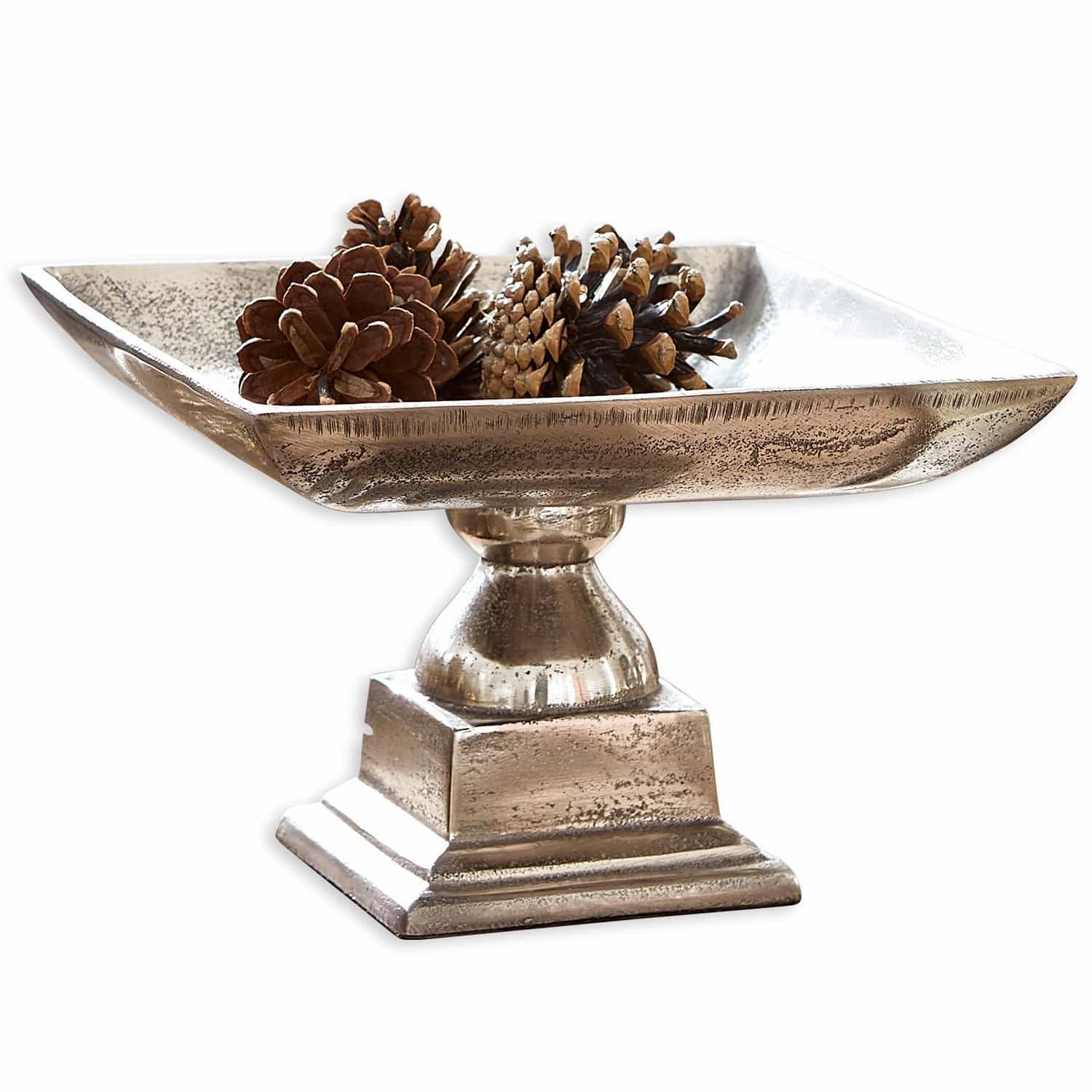 Schaal Philippa Decoratieve zilverkleurige metalen schaal op voet met dennenappels, stijlvolle woondecoratie