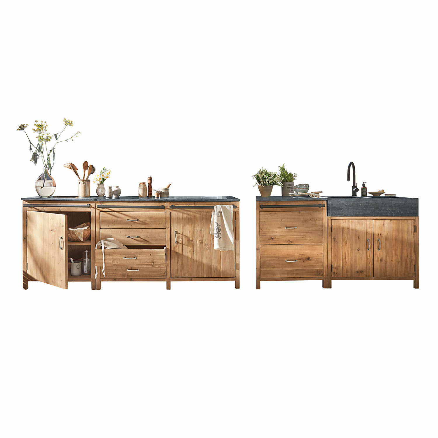 Keukenkast set van 4 Sunnybrook Keuken van natuurlijk hout met zwart werkblad en gootsteen, kasten en lades