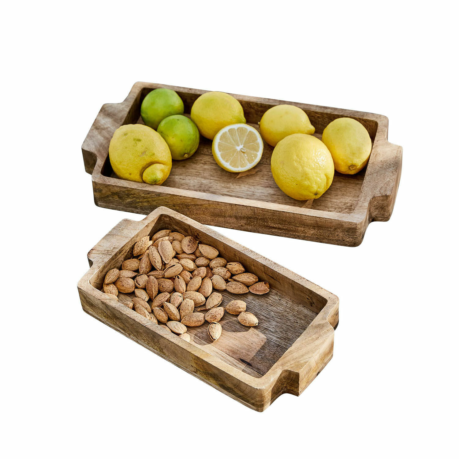 Dienblad set van 2 Buer Rechthoekige houten dienbladen met handvatten, één met citroenen, één met amandelen, natuurlijke kleur