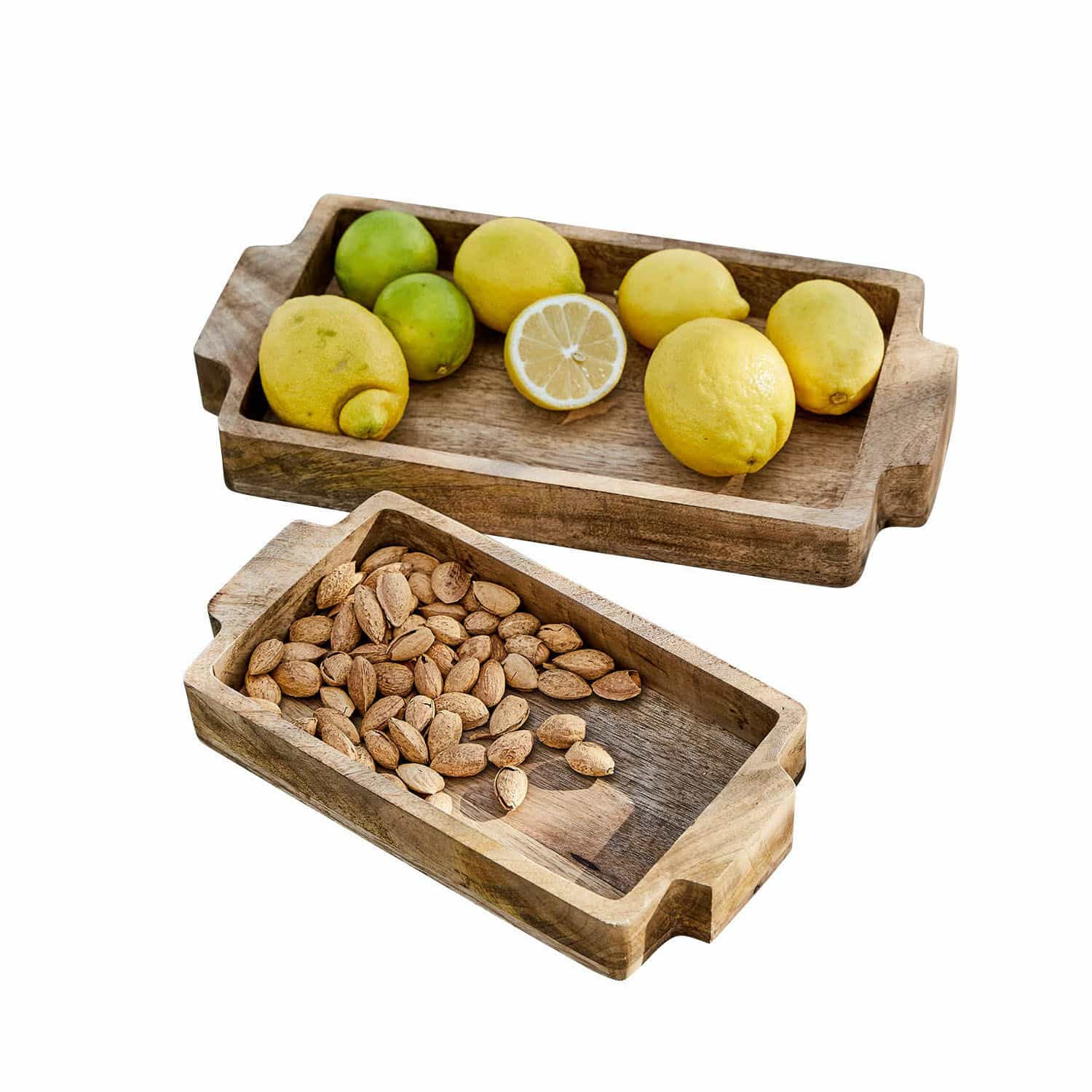 Dienblad set van 2 Buer Rechthoekige houten dienbladen met handvatten, één met citroenen, één met amandelen, natuurlijke kleur