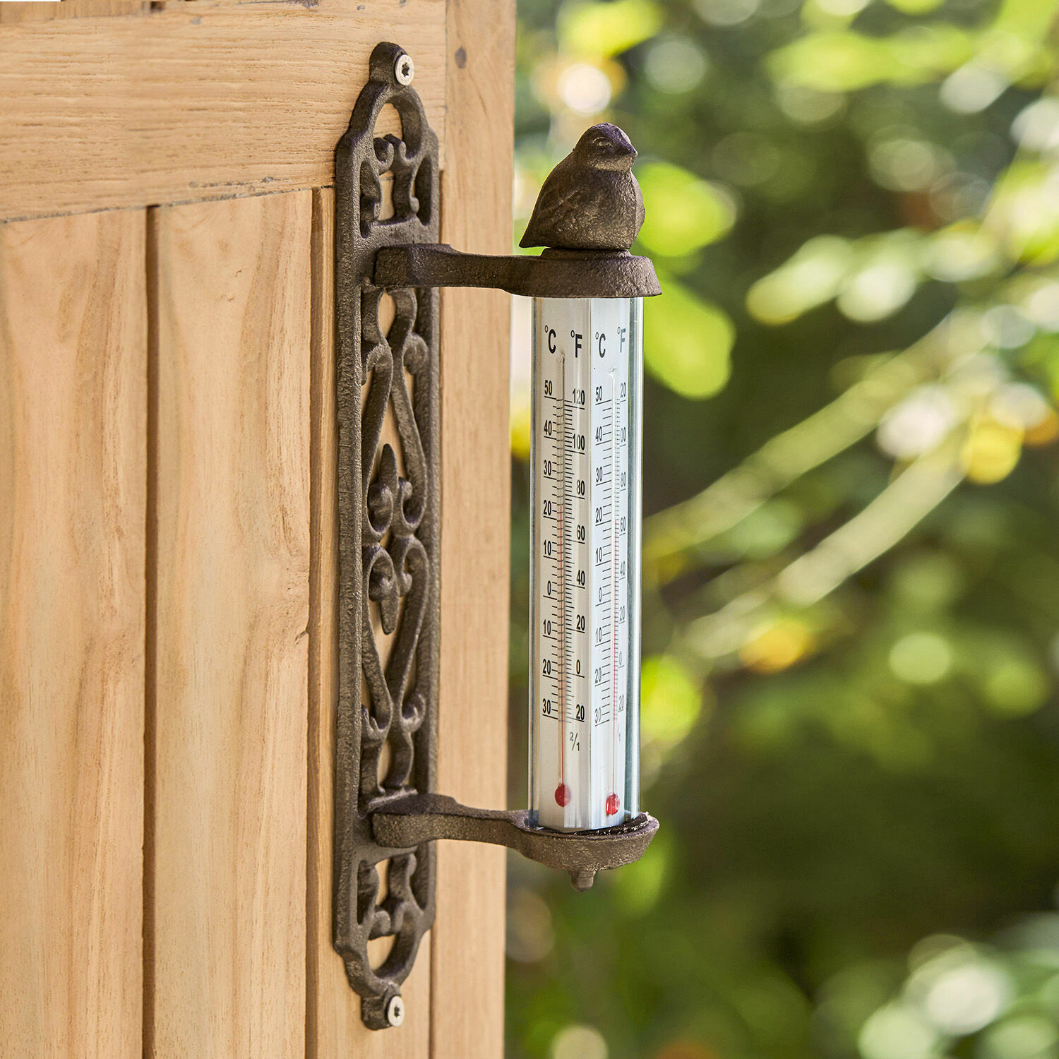 Thermometer Binyamin Decoratieve zwarte gietijzeren thermometer met vogel, gemonteerd op houten deur, geschikt voor tuin