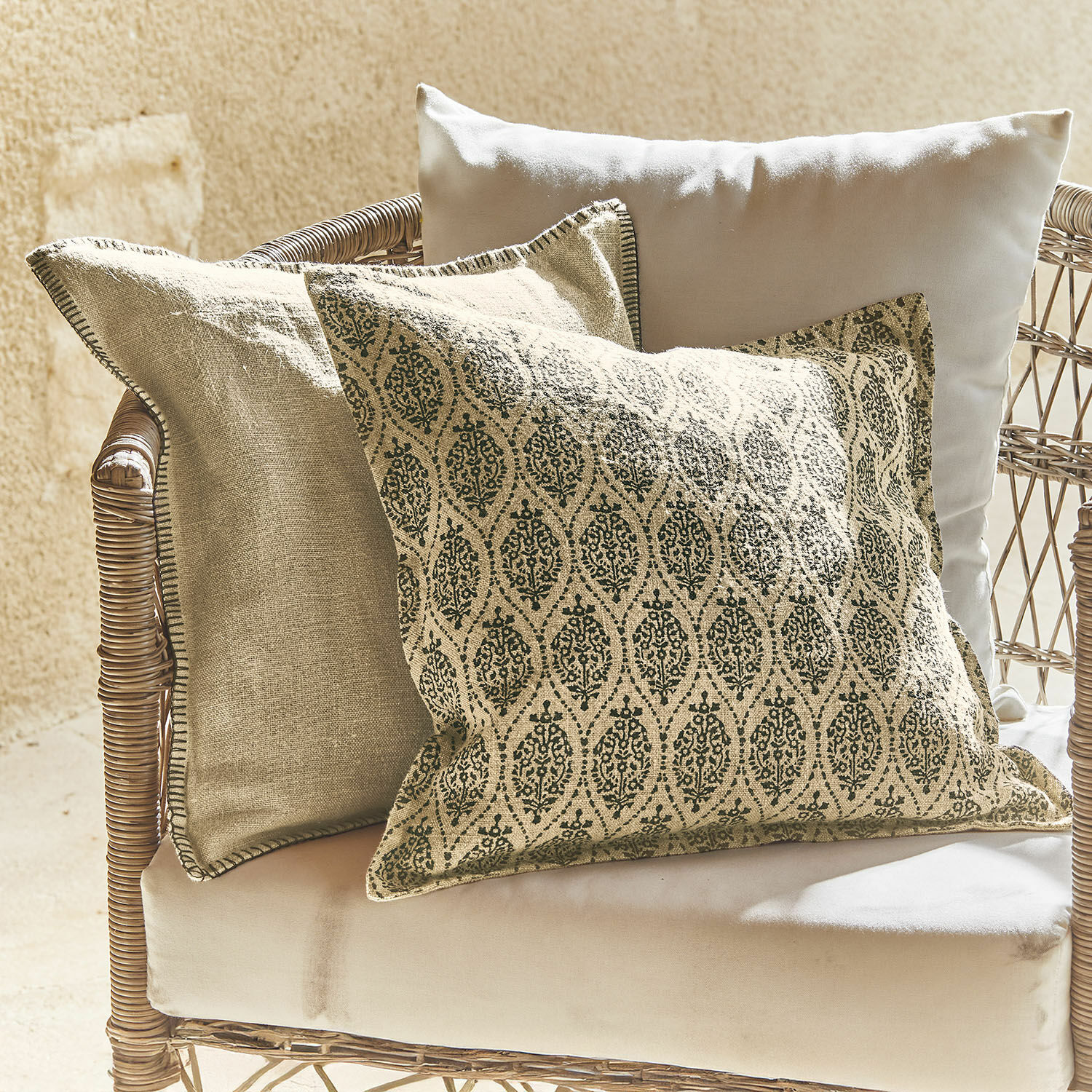 Kussenhoes set van 2 Ysolde Set van drie decoratieve kussens van katoen en linnen in natuurlijke beige tinten voor woonkamer
