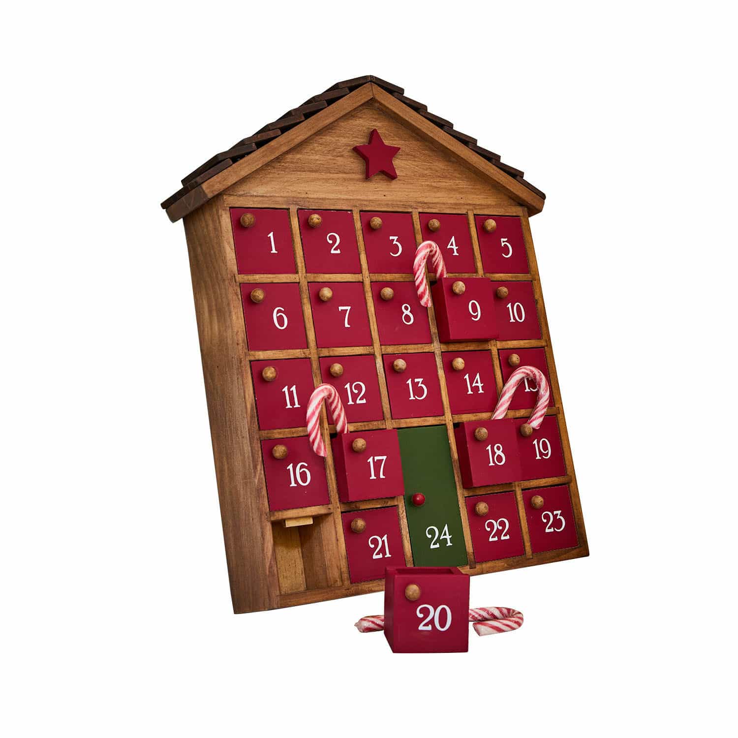 Adventskalender Zanari Houten adventskalender in huisvorm met rode deurtjes en groene deur nummer 24